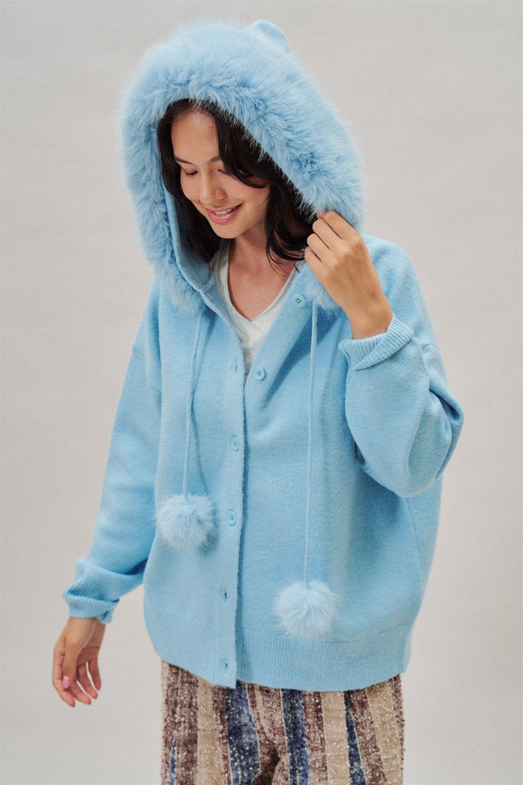 Faux Fur Hood Pom Pom Cardigan Wool Blend in Baby Blue in BLUE - Women's Cardigans & Shrugs | Urban Daizy