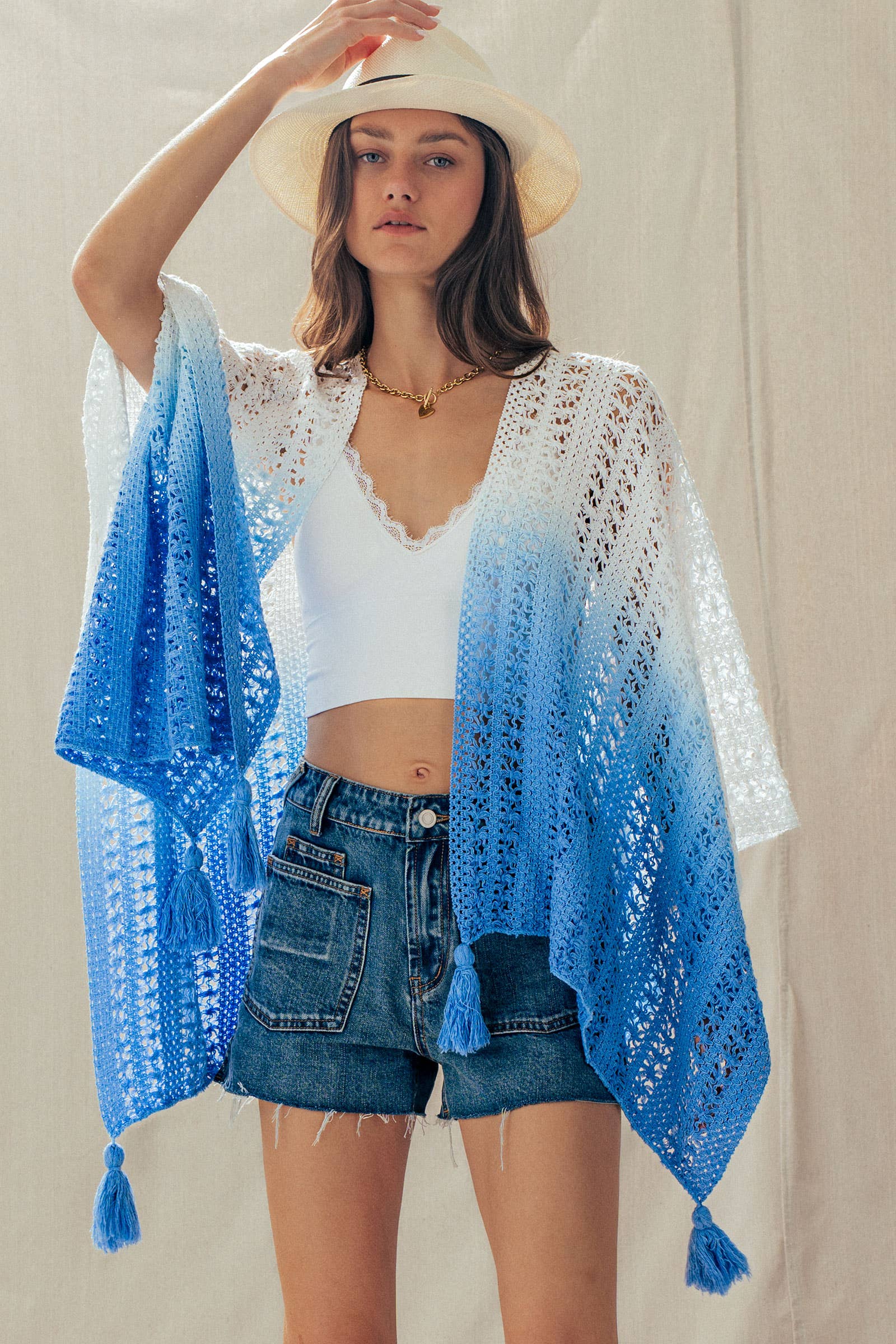 Urban Daizy Ombre Crochet Knit Poncho Tassel Cover-Up Sage Poncho - Women's (UDZ-OT-00492) – alternate view 10