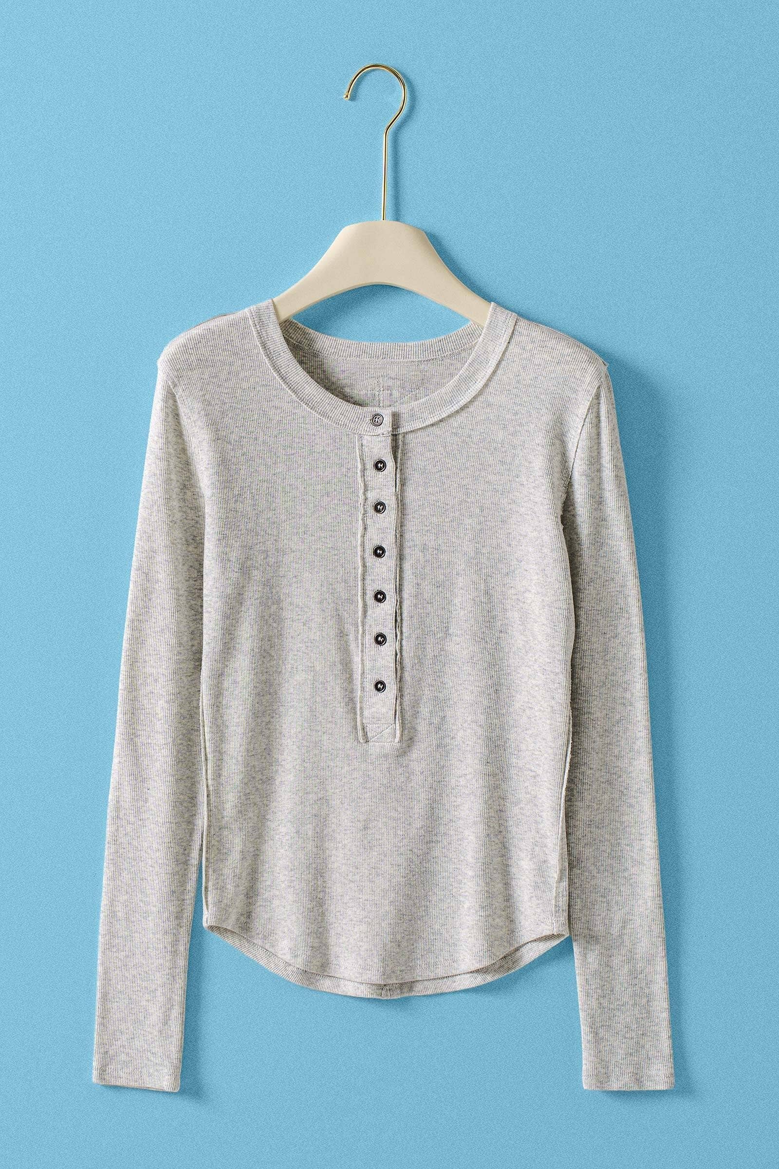 Ribbed Henley Long Sleeve Top