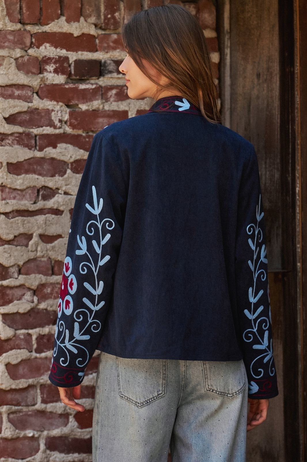 Embroidered Corduroy Jacket with Folk Floral Scroll in NAVY - Women's Jackets & Blazers | Urban Daizy