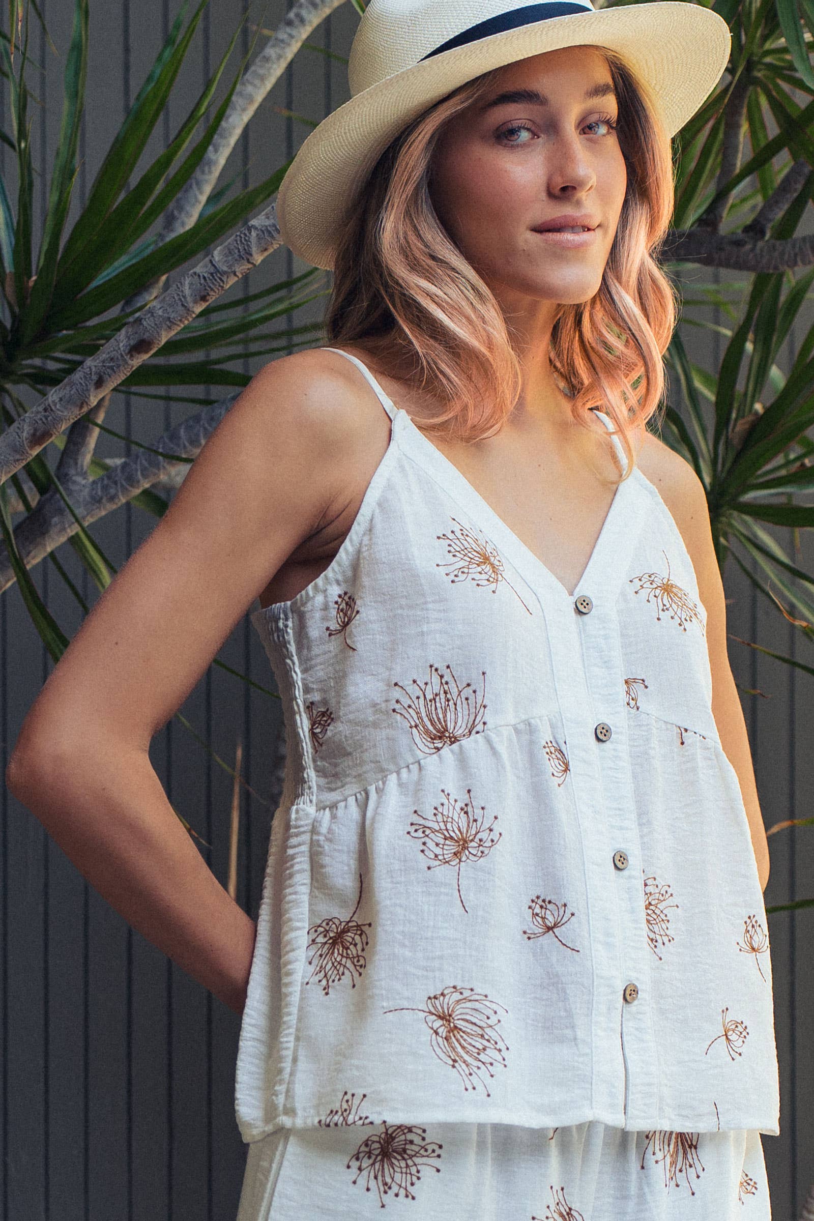 Floral Button-Front Linen Blend Cami Top