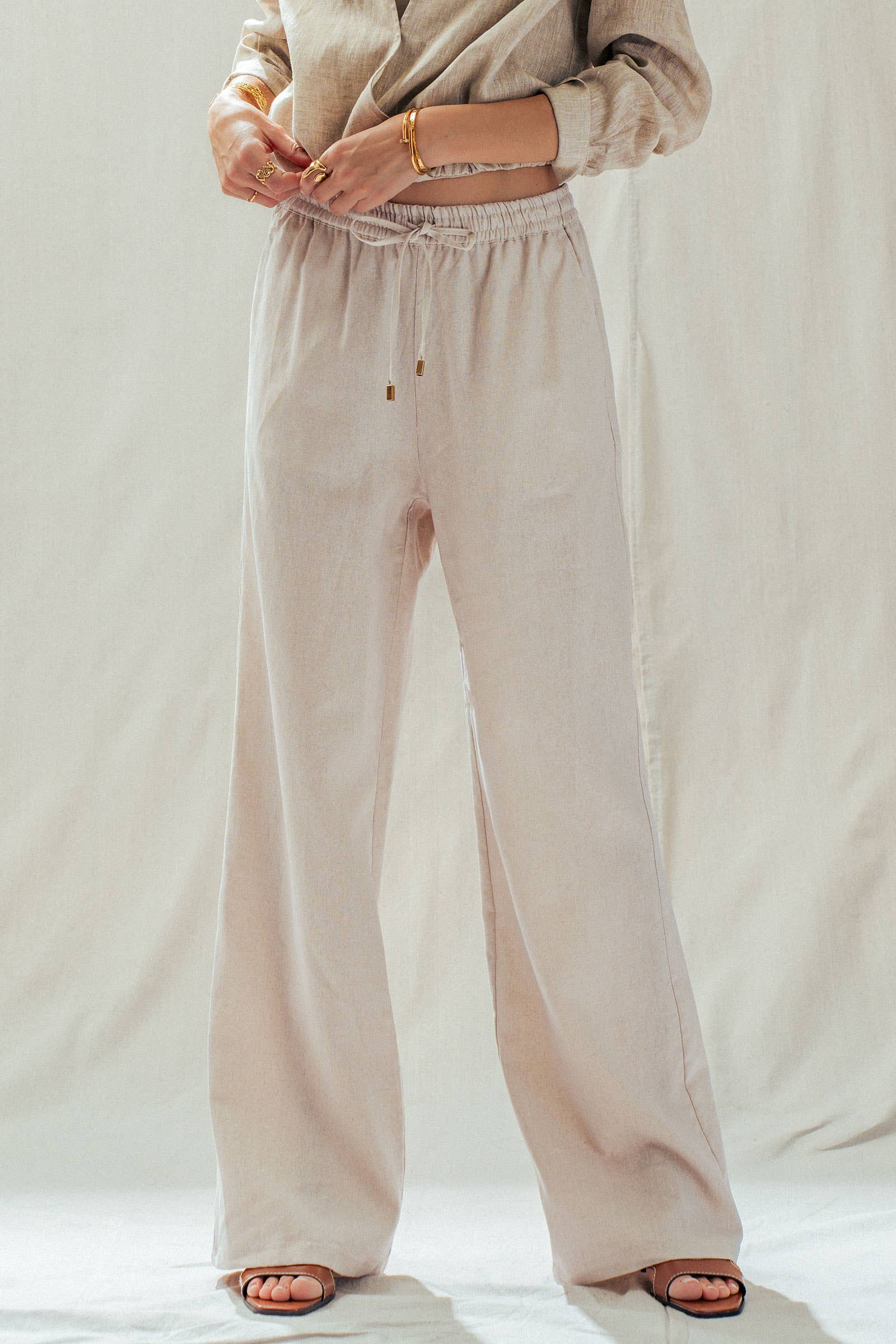 Linen Blend Wide Leg Pants Drawstring Waist