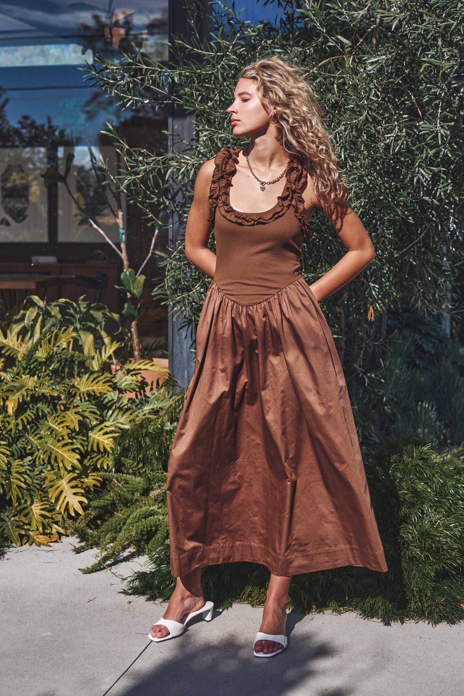 Urban Daizy Ribbed Knit & Poplin Drop Waist Midi Dress Brown Dress - Women's (UDZ-DR-00528) – alternate view 3