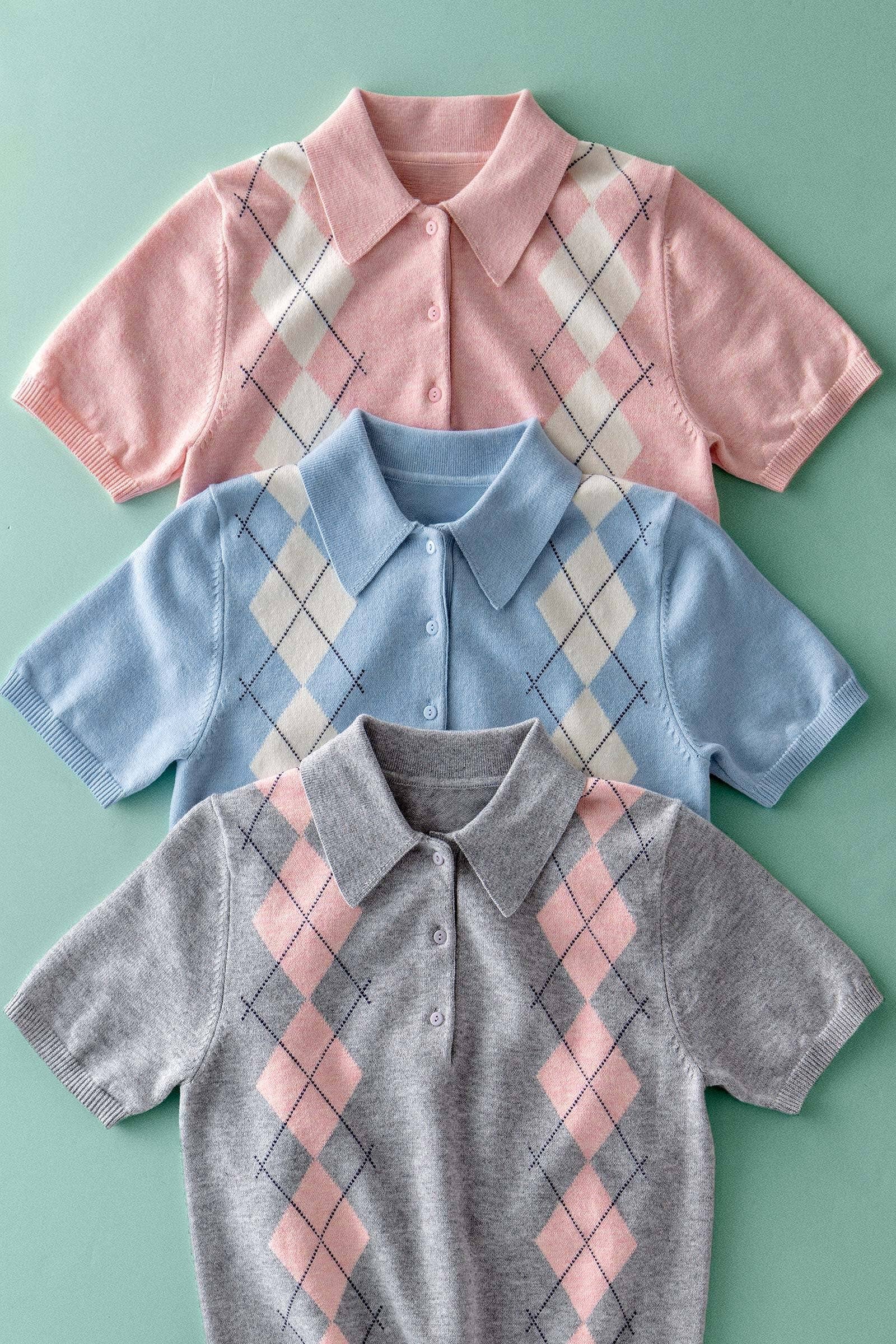 Preppy Argyle Short Sleeve Sweater