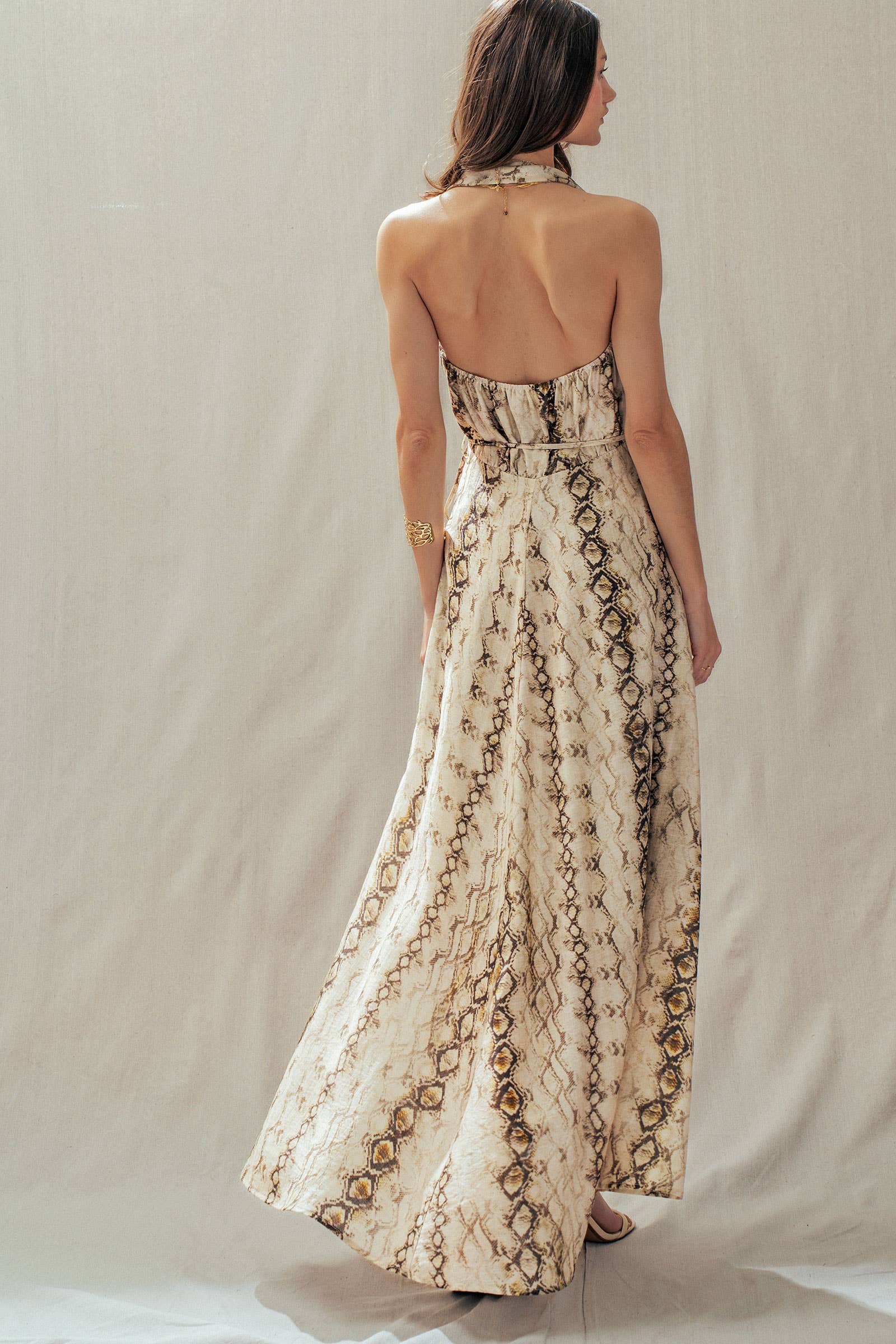 Snake Print Tencel Linen Halter Maxi Dress