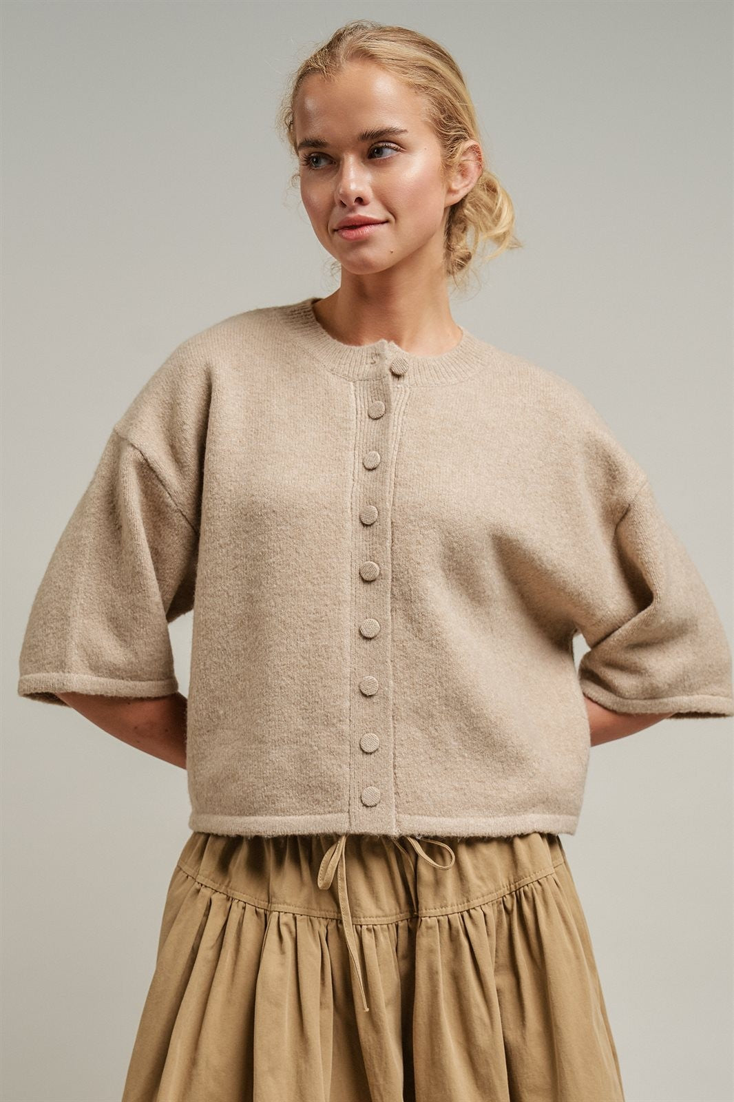 Cropped Knit Button-Front Cardigan Dropped Shoulder