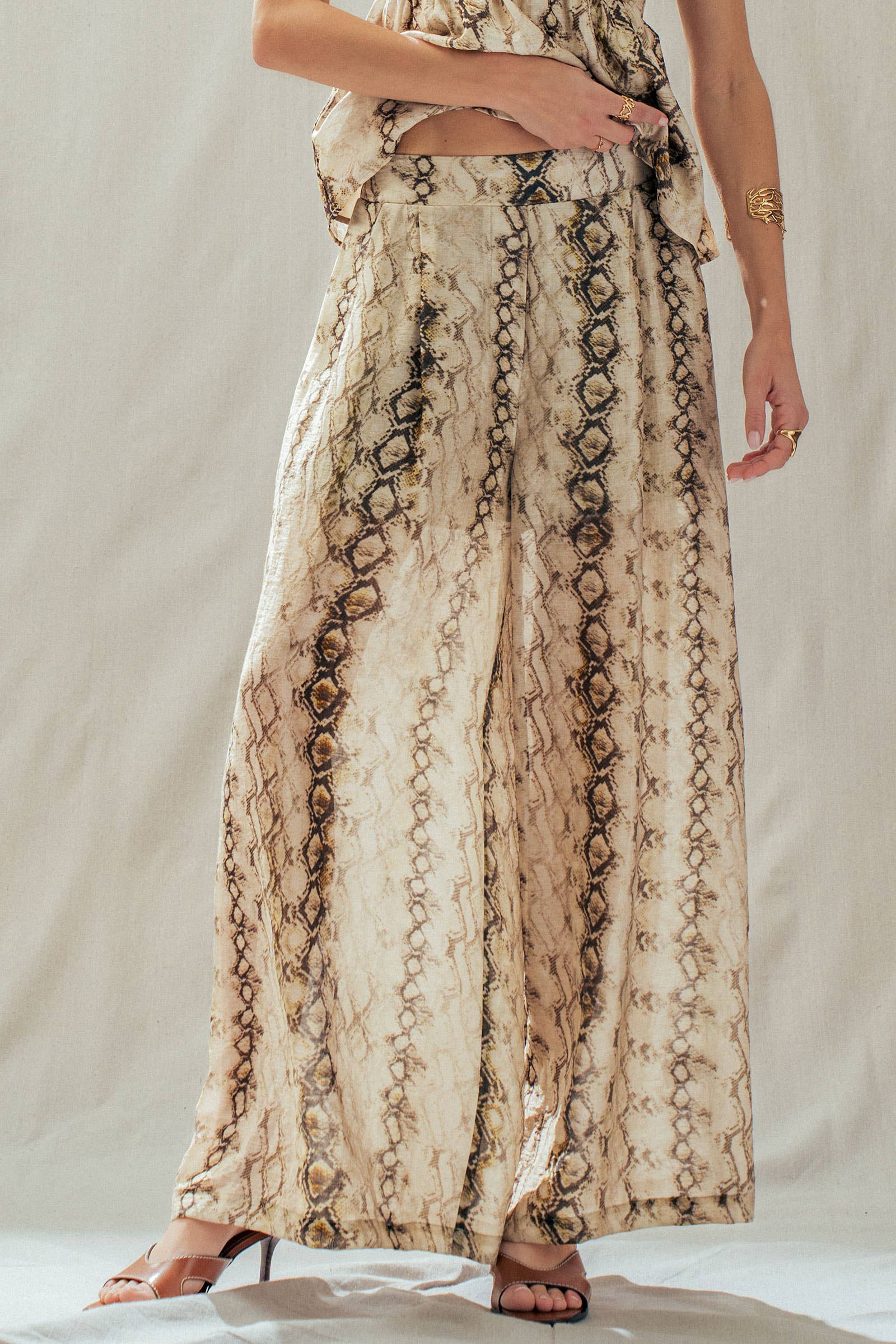 Snake Print Wide Leg Pants Linen Blend