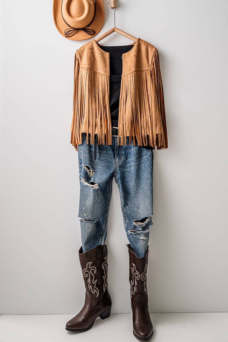 Western Faux Suede Fringe Open Front Jacket