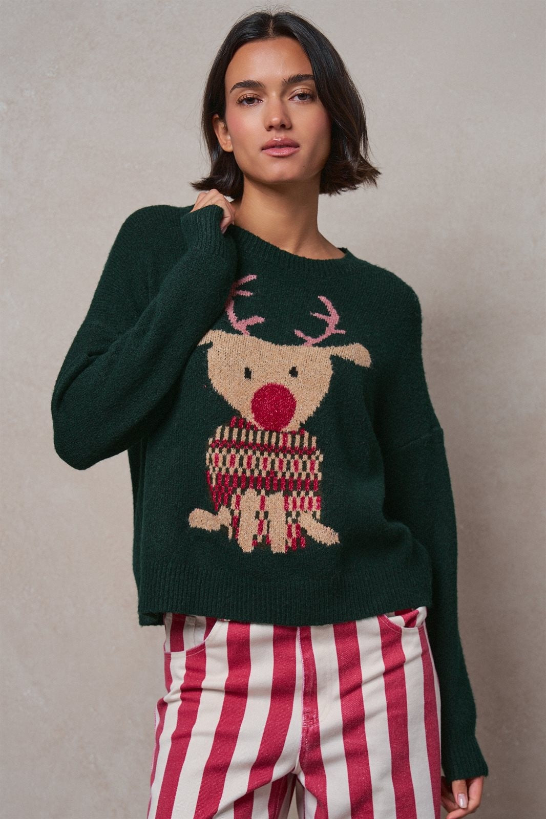 Rudolph Crewneck Knit Sweater in H GREEN - Women's Sweaters | Urban Daizy