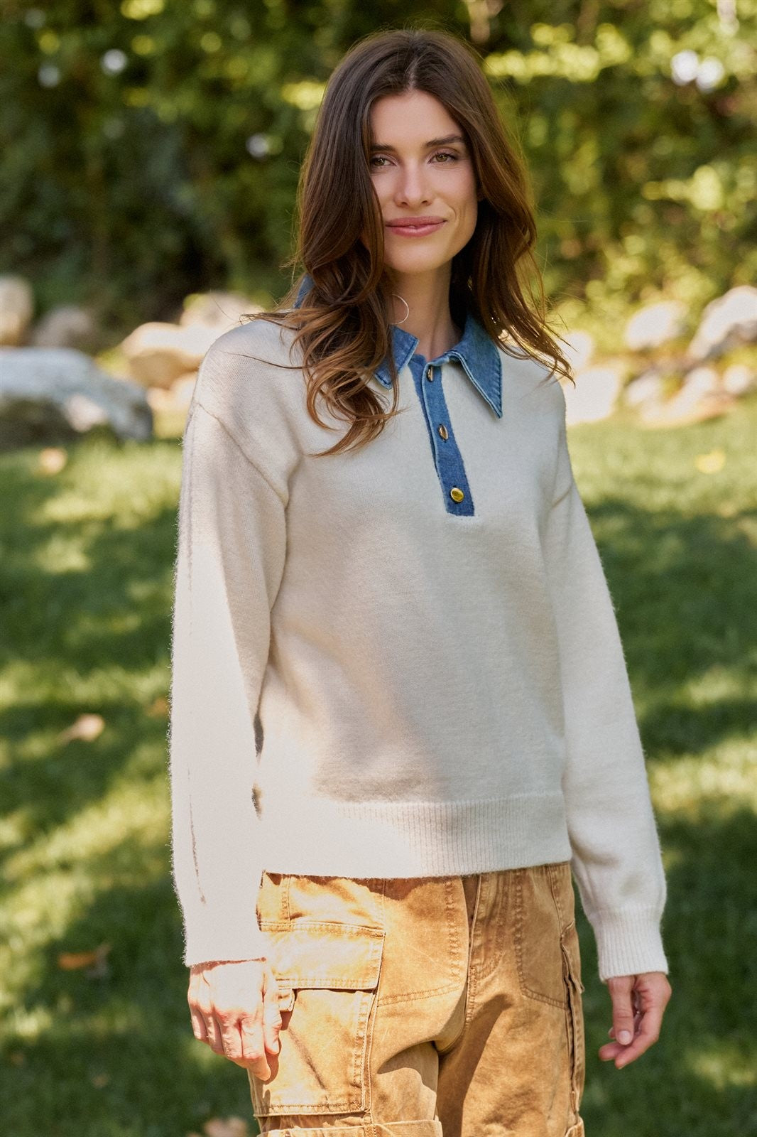 Denim Collar Polo Sweater with Gold Buttons in GREY - Women's Sweaters | Urban Daizy