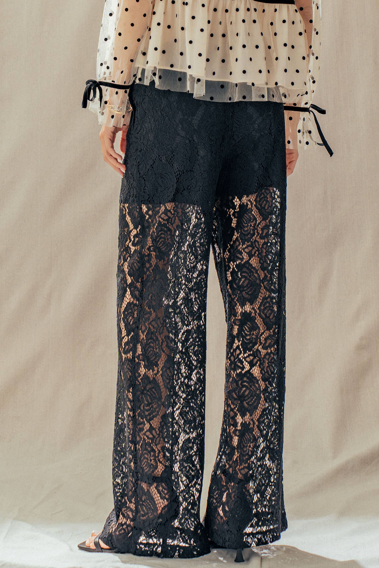 Urban Daizy Floral Lace Wide-Leg Drawstring Pants Black Pants - Women's (UDPT0083-Black) ��� alternate 