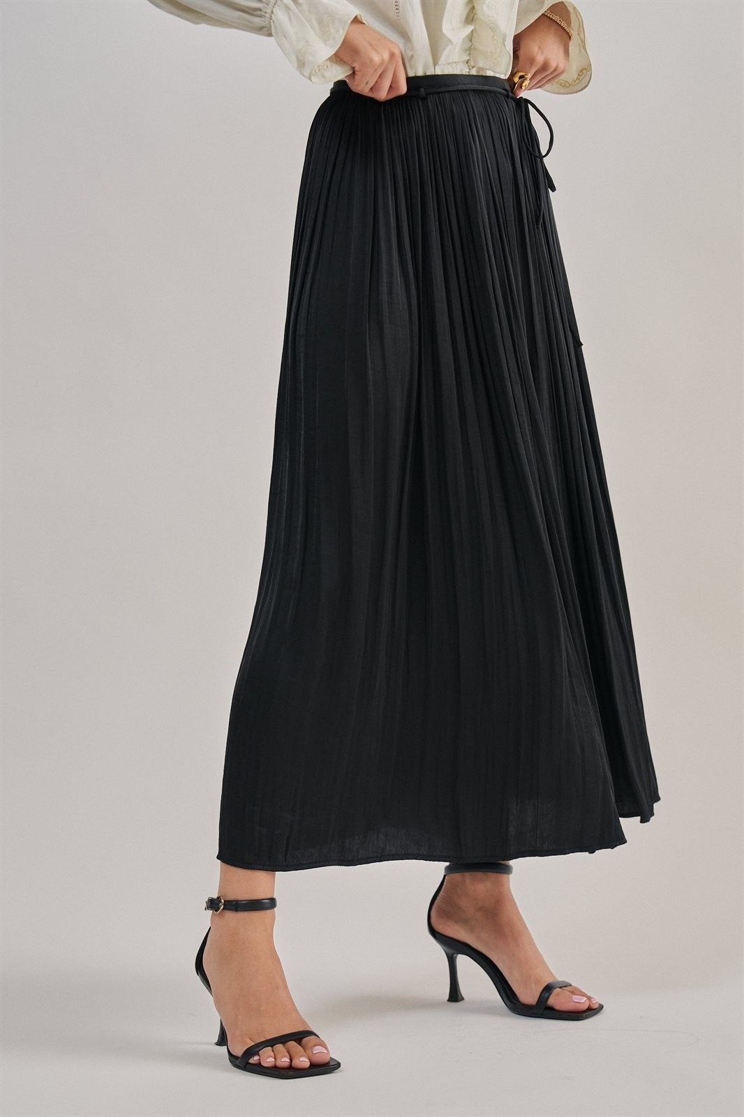 Washed Satin Crinkle Pleated Maxi Skirt in BLACK - Women's Maxi Skirts | Urban Daizy