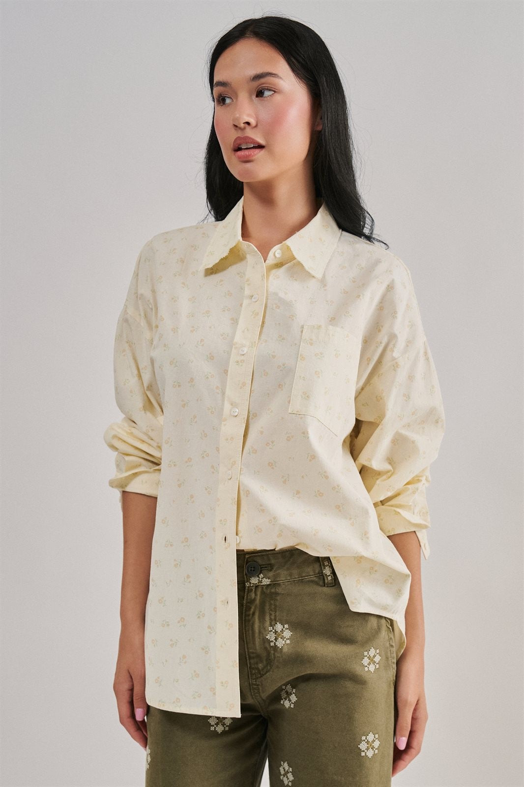 Soft Meadow Button-Down Shirt in CREAM - Women's Shirts & Blouses | Urban Daizy