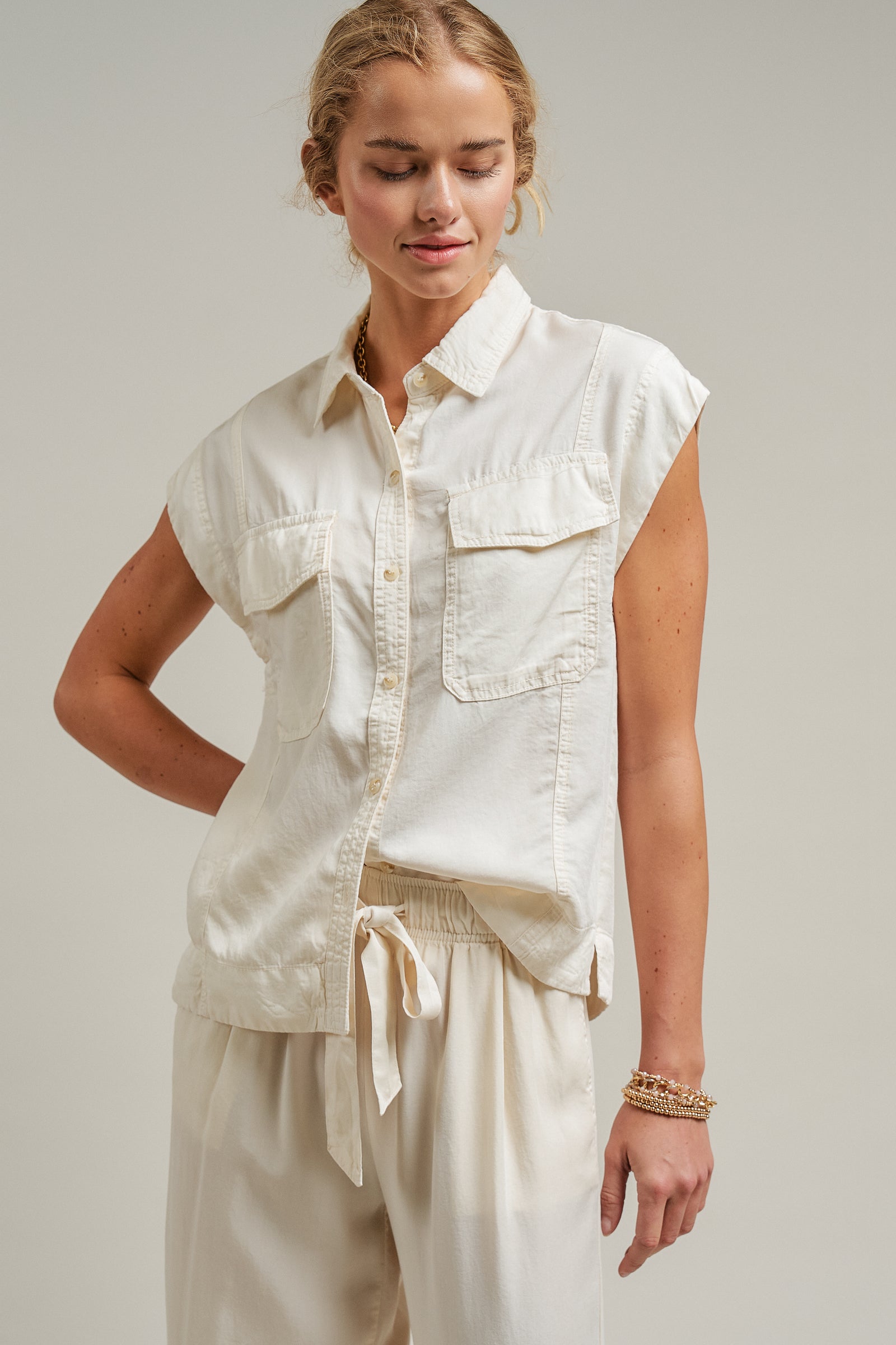 Sleeveless Tencel Denim Button-Front Shirt