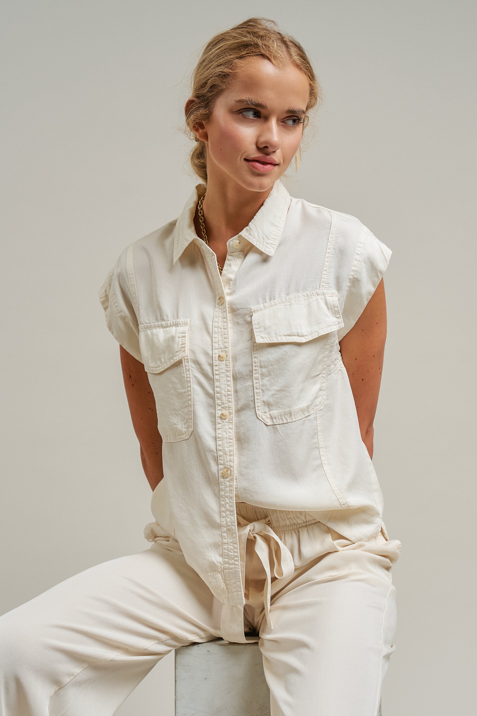 Sleeveless Tencel Denim Button-Front Shirt