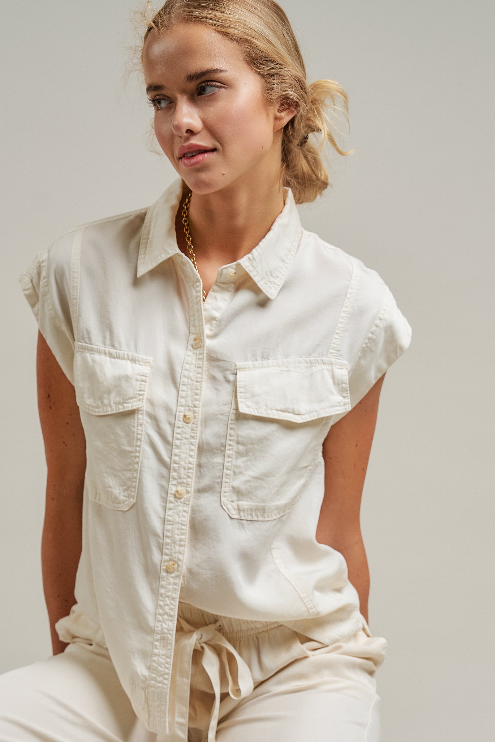 Sleeveless Tencel Denim Button-Front Shirt