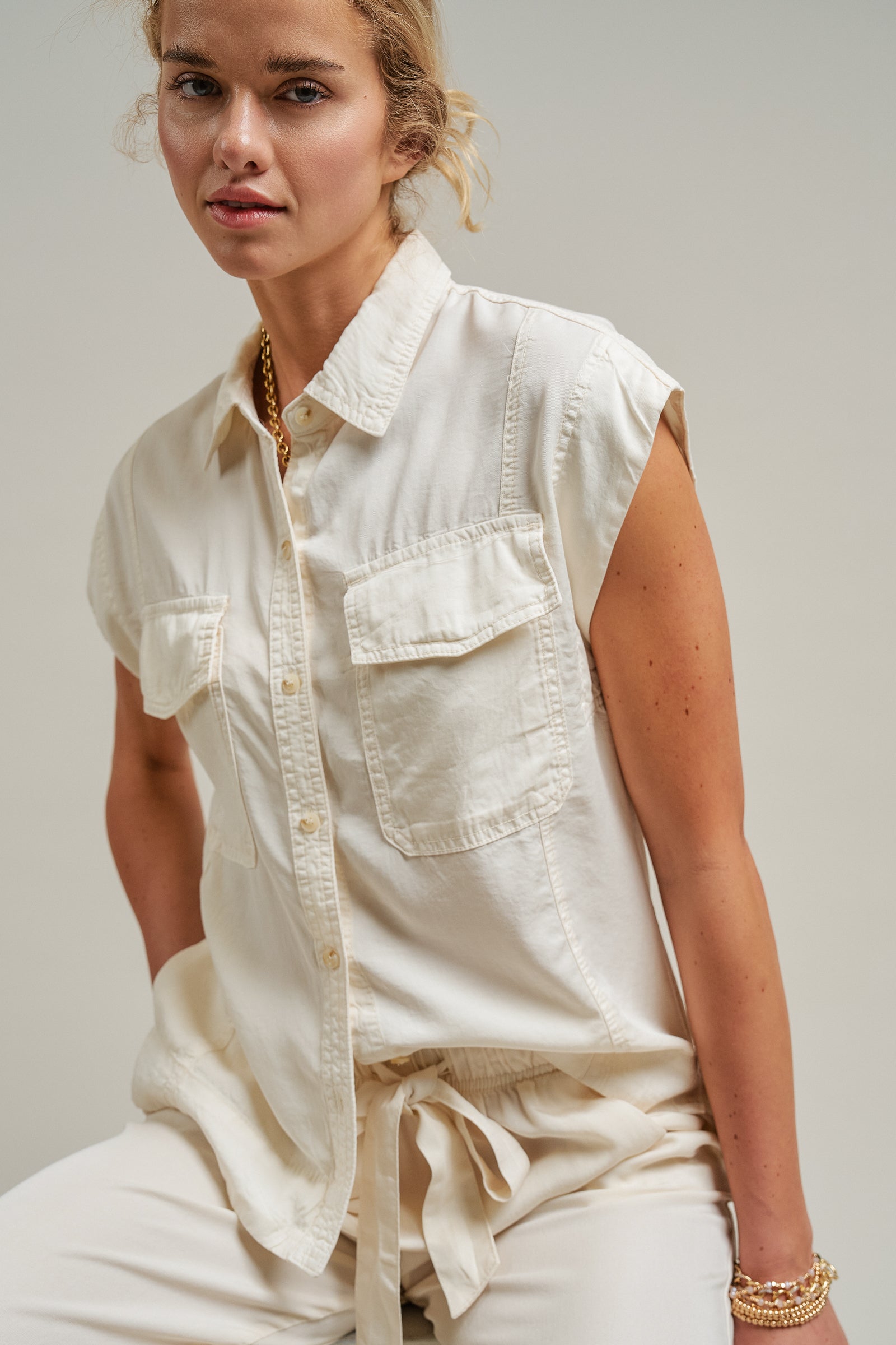 Sleeveless Tencel Denim Button-Front Shirt