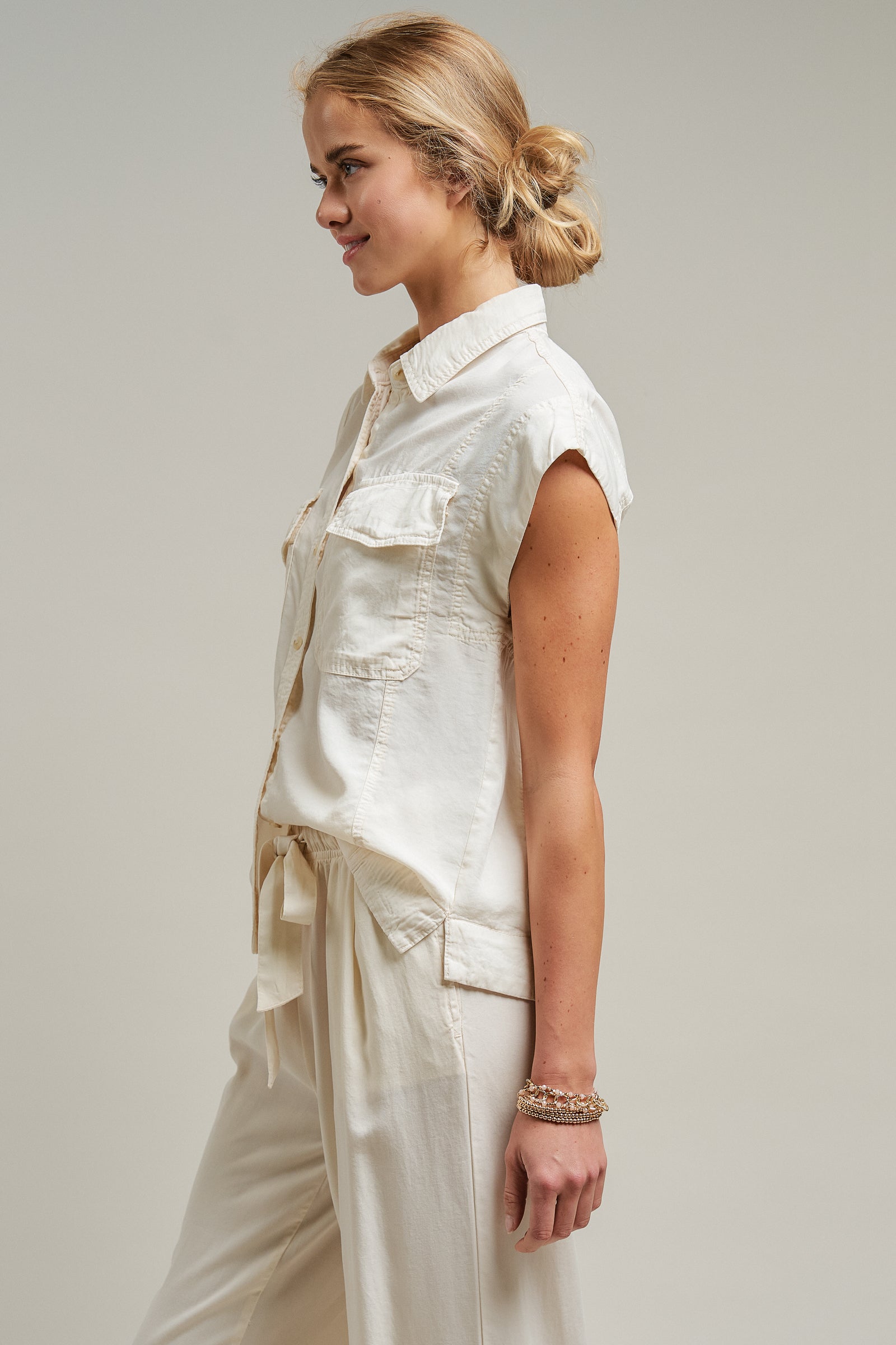 Sleeveless Tencel Denim Button-Front Shirt