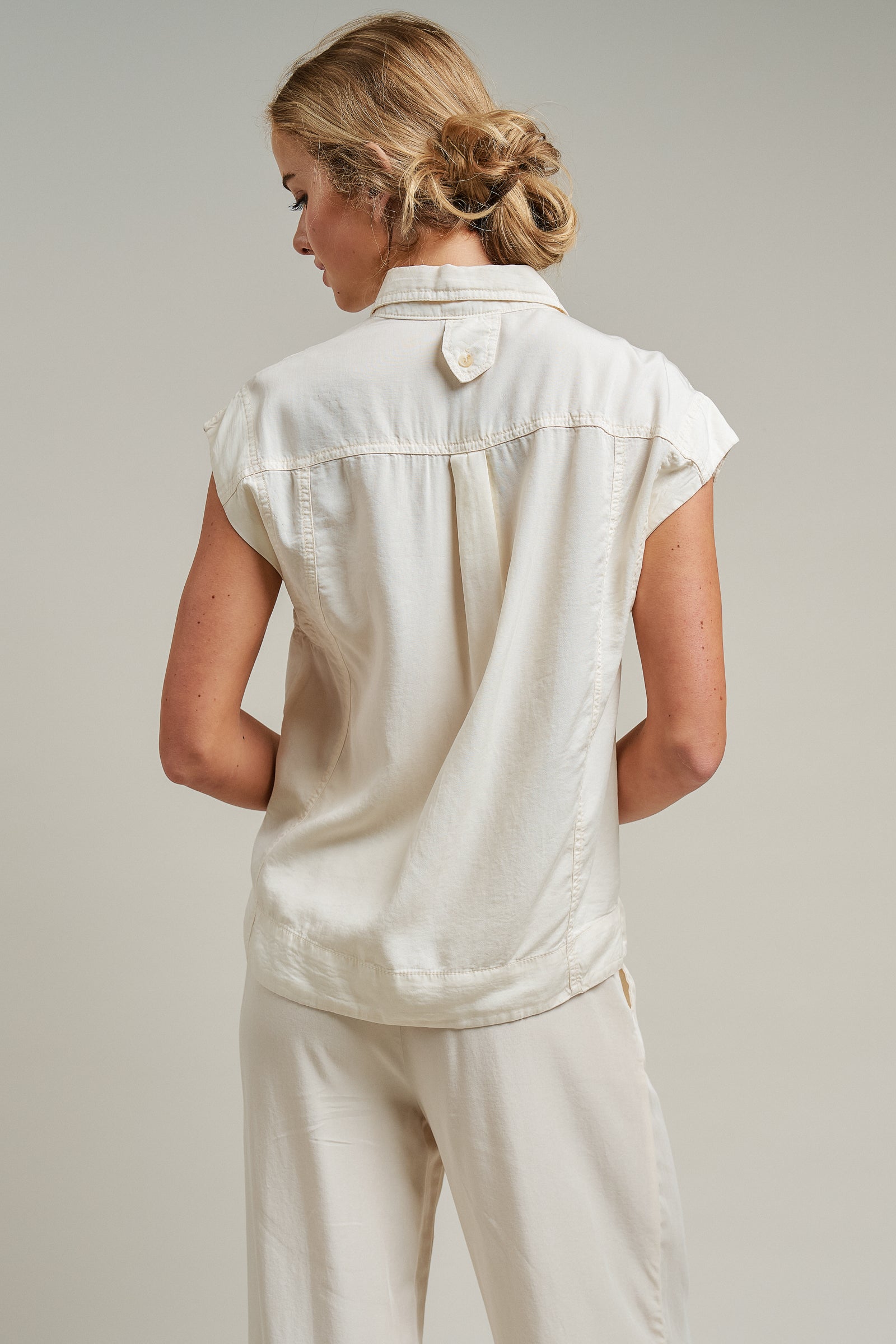 Sleeveless Tencel Denim Button-Front Shirt