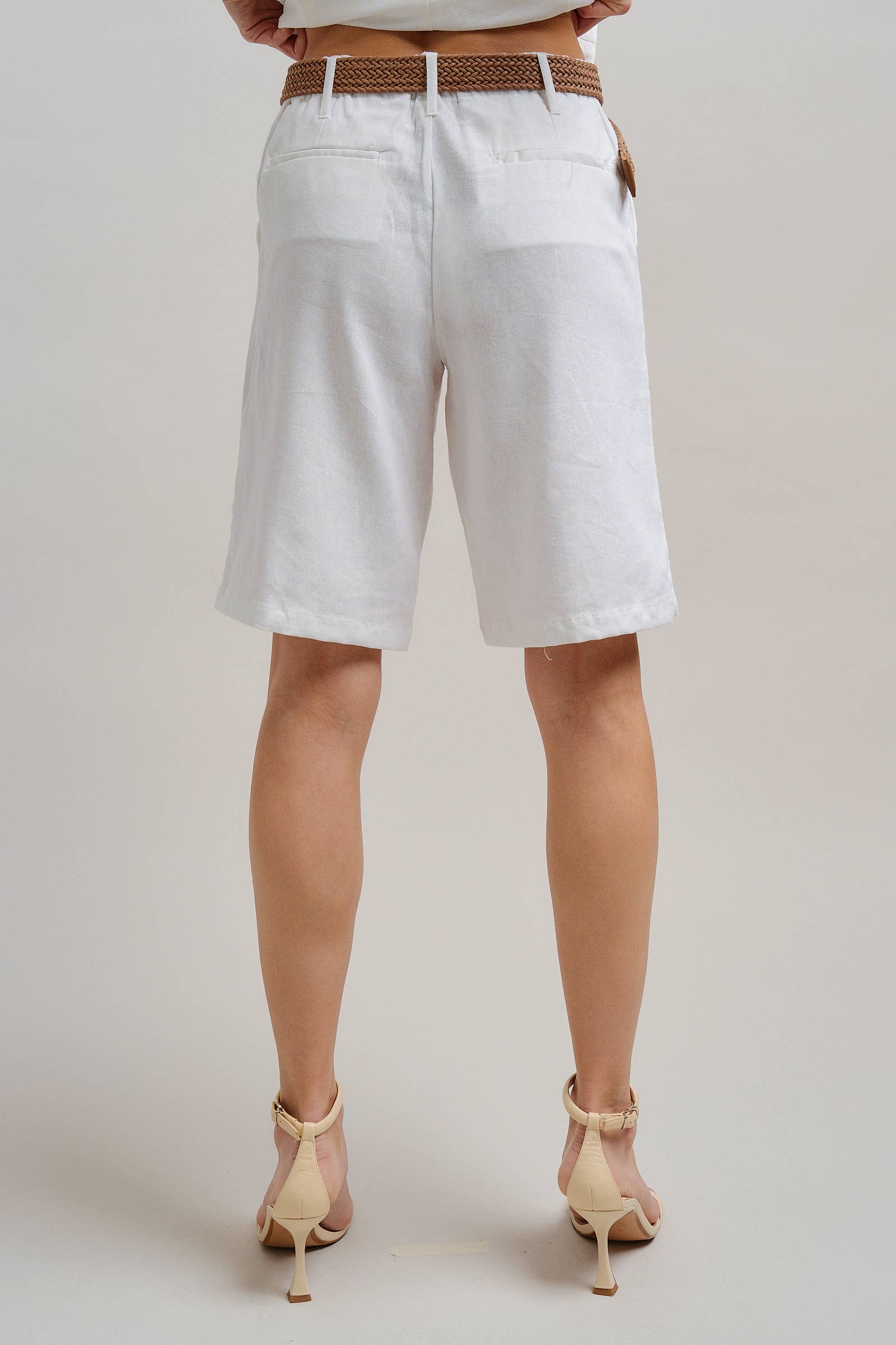 Linen Blend Belted Bermuda Shorts