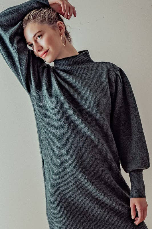 Urban Daizy Balloon Sleeve Mock Neck Sweater Dress Charcoal Dress - Women's (UDZ-DR-00096) – alternate view 6