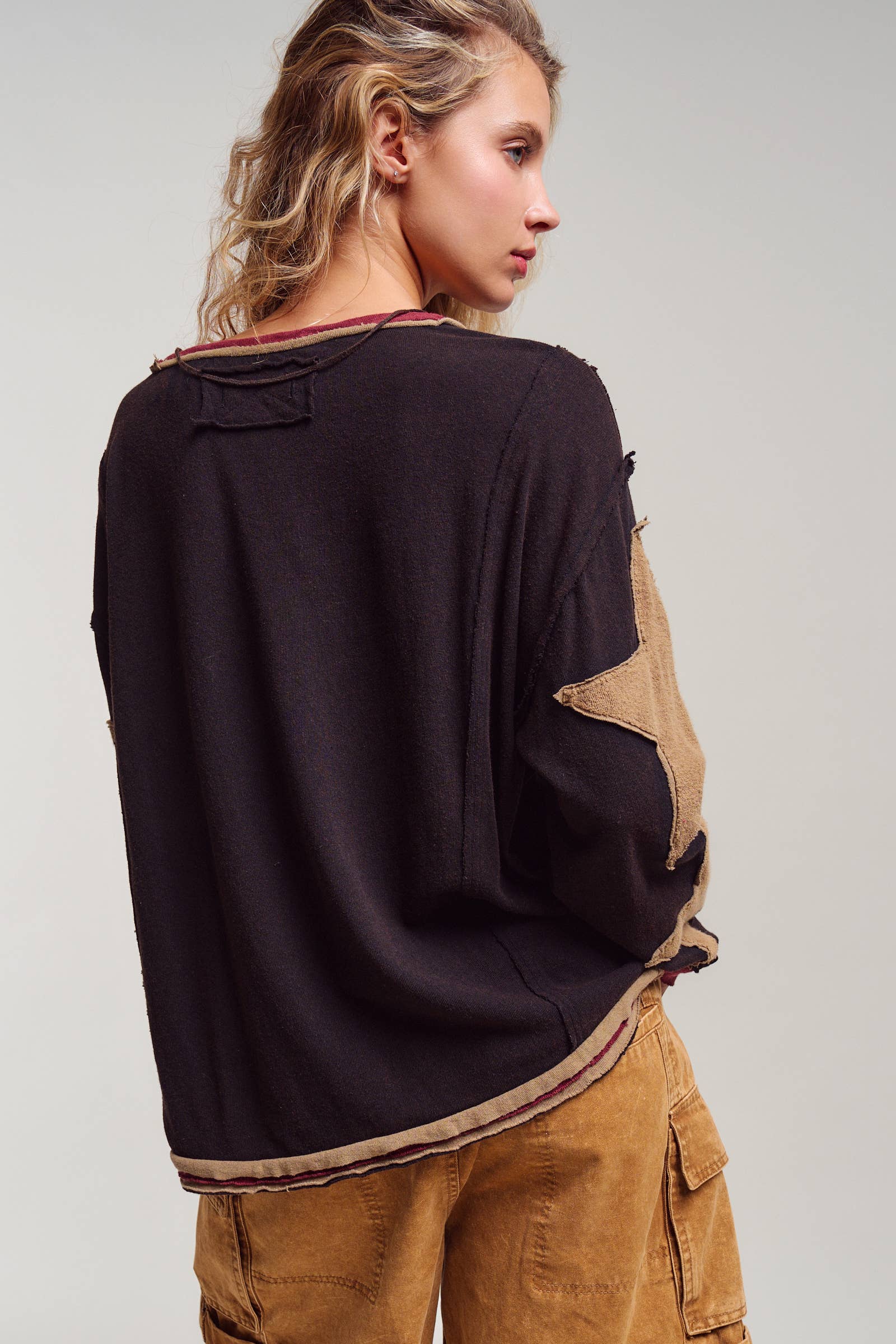 Urban Daizy Raw Seam Star Patch Slouchy Knit Top Brown Knit Top - Women's (UDTP1432-Brown) – alternate view 13