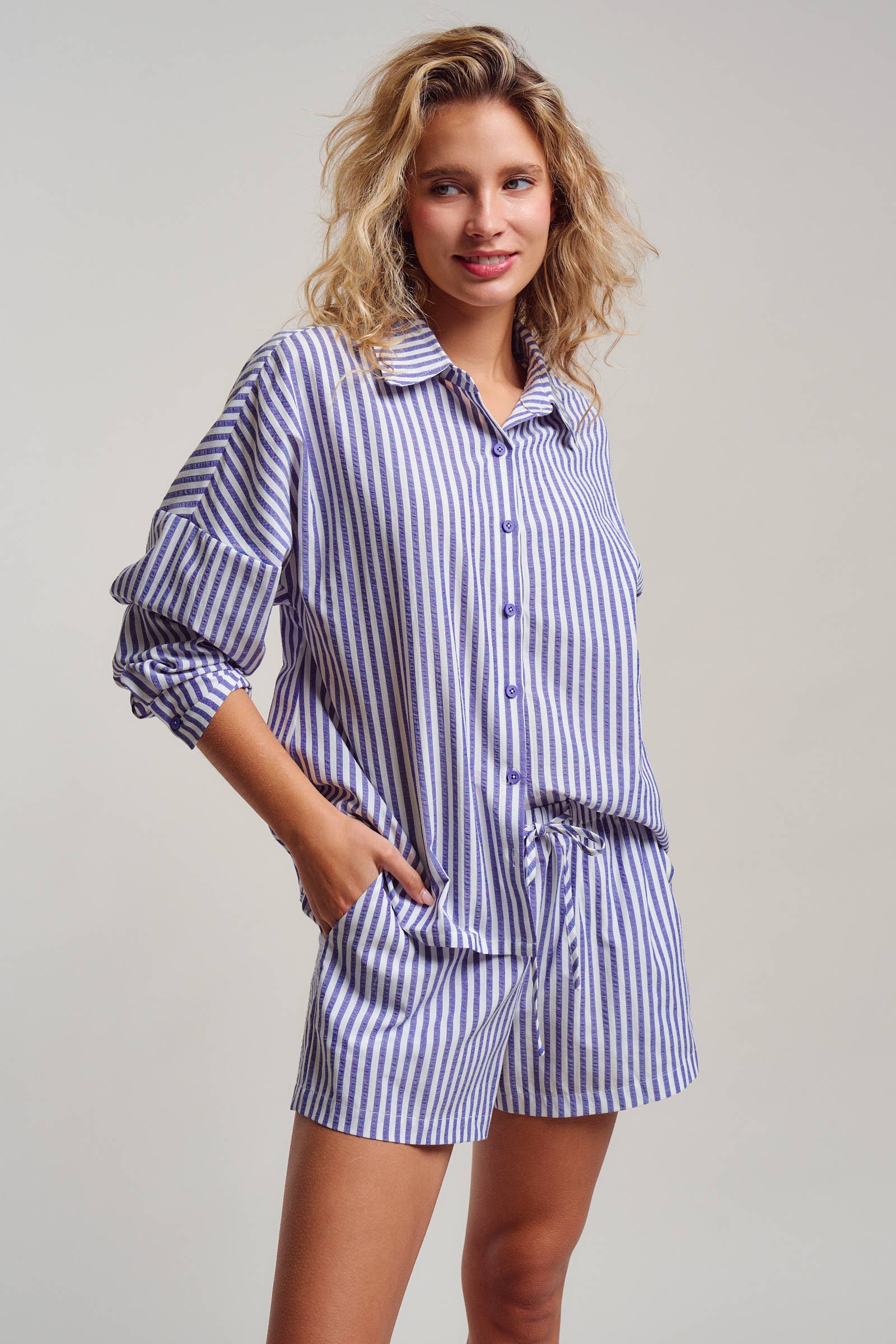 Urban Daizy Striped Seersucker Button-Down Shirt & Shorts Set Blue Lounge Set - Women's (UDST0148-Blue) – alternate view 16