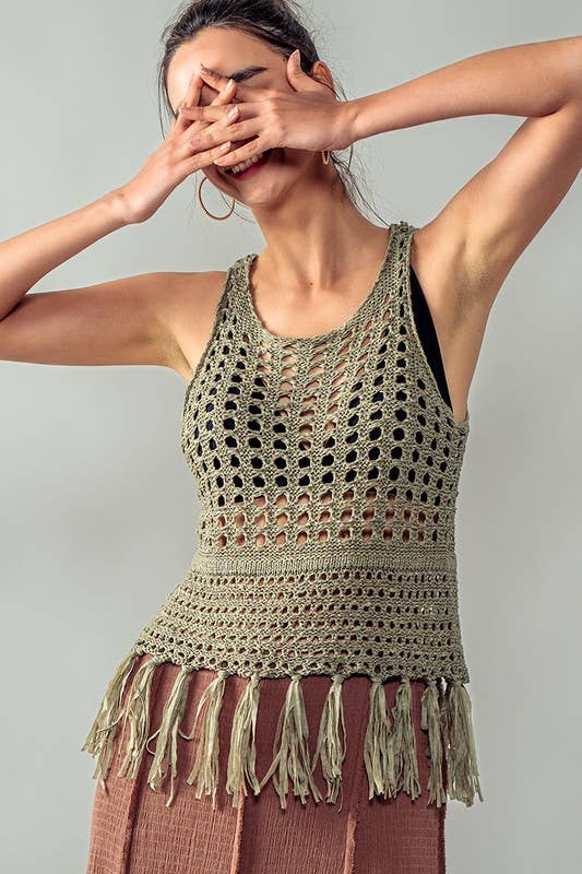 Urban Daizy Crochet Knit Boho Tassel Hem Summer Cover Top Khaki Knit Top - Women's (UDZ-TP-00504) – alternate view 11