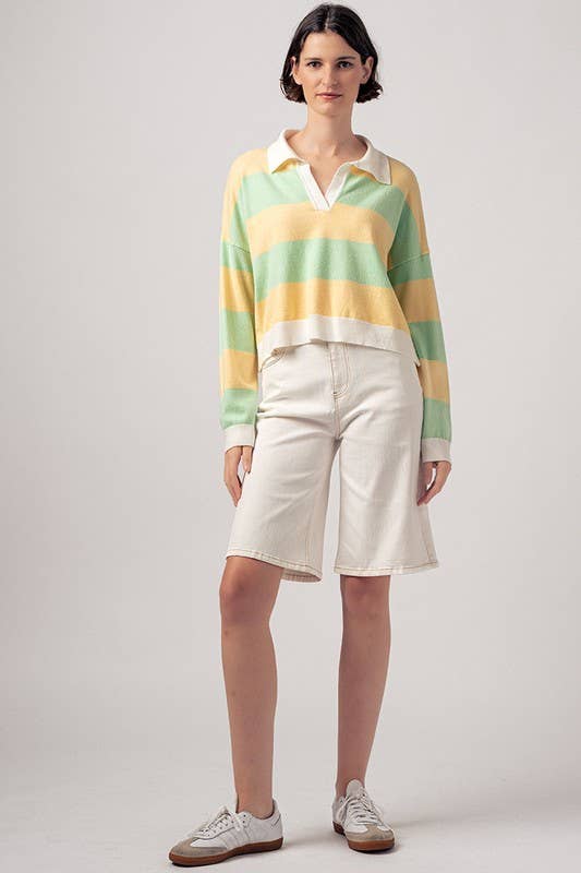 Preppy Striped Contrast Collar Cropped Rugby Long Sleeve Top
