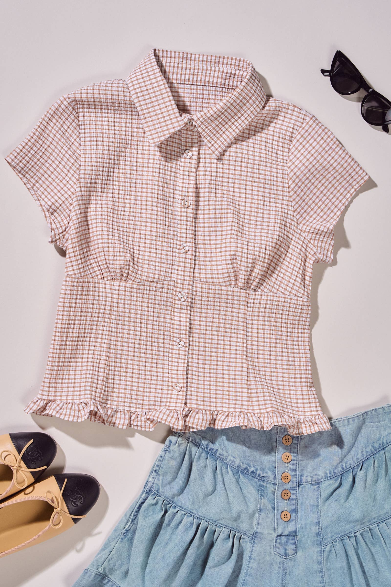 Crinkle Gingham Short Sleeve Peplum Blouse