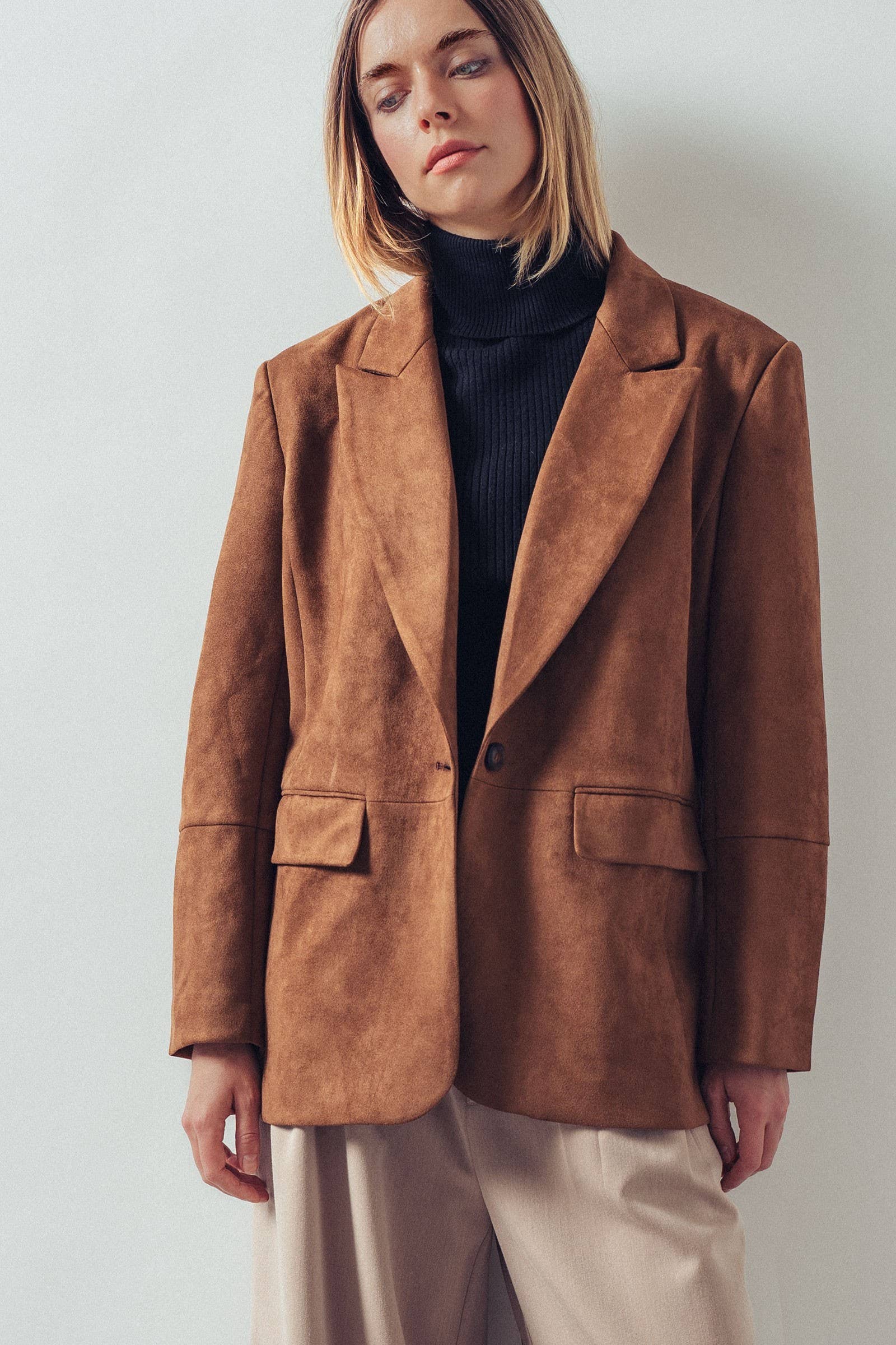 Relaxed Fit Notched Lapel Faux Suede Blazer