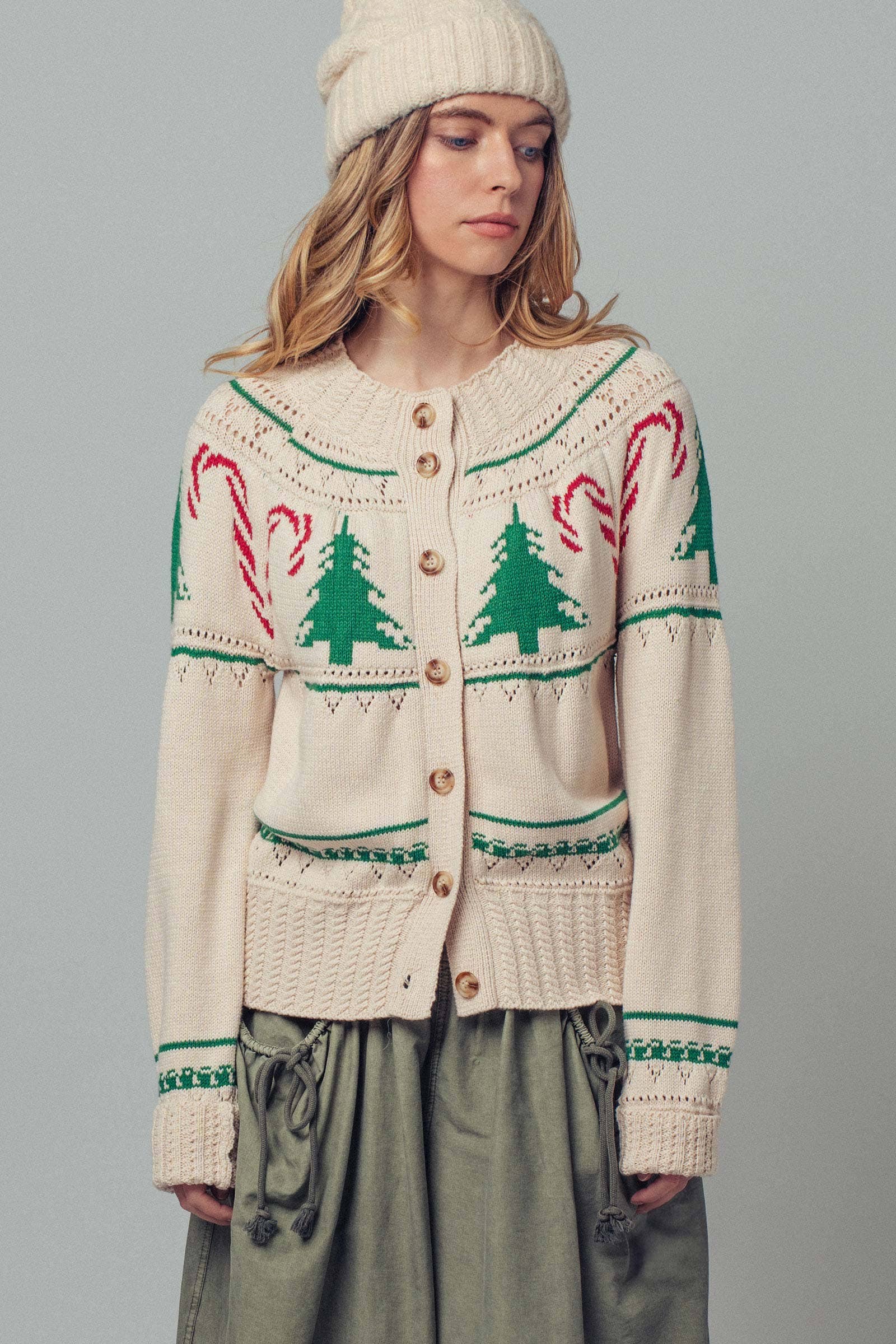 Urban Daizy Graphic Knit Eyelit Tier Button-Front Cardigan Ivory Cardigan - Women's (UDZ-KN-00150) – alternate view 2