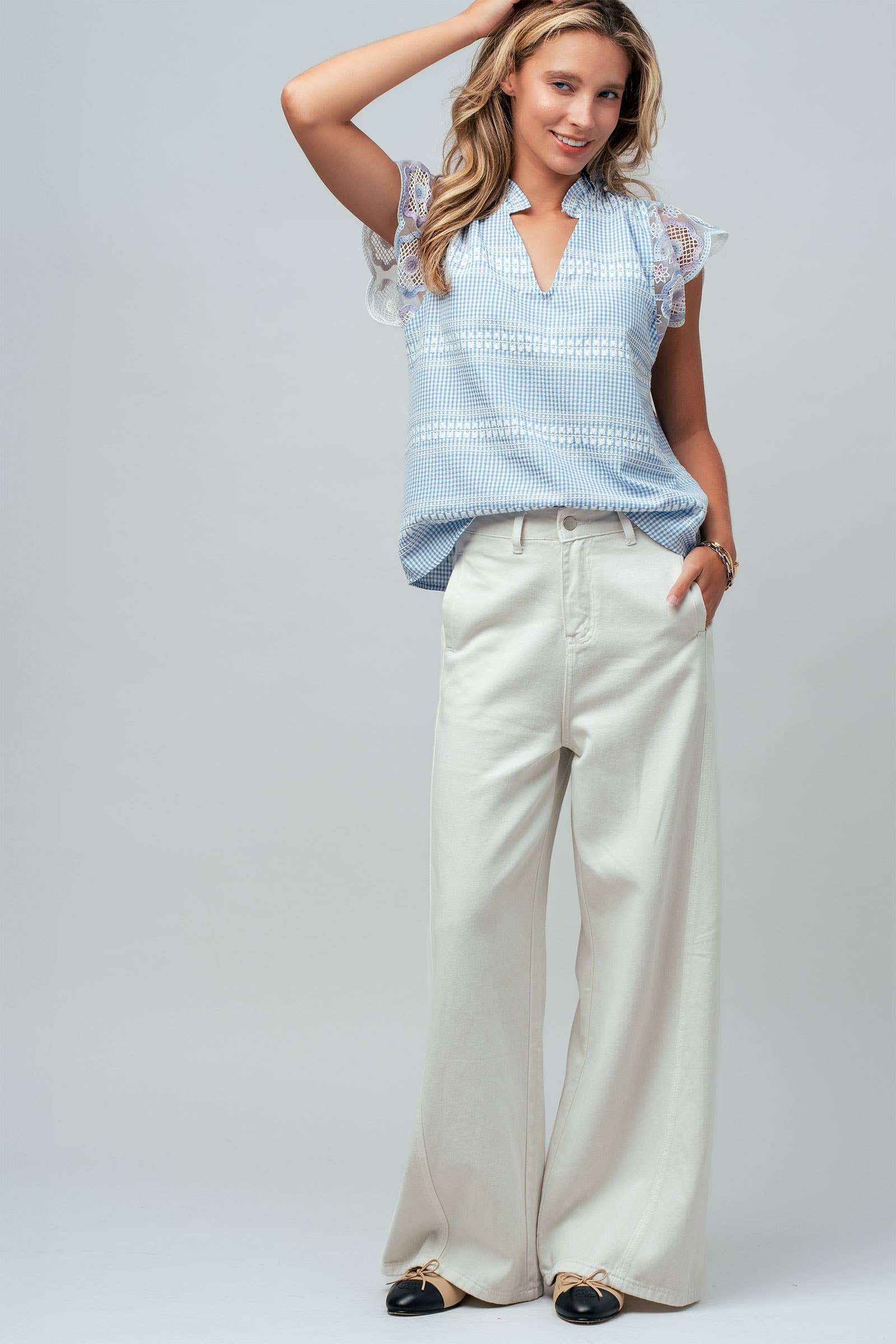 Urban Daizy Gingham Lace Flutter Sleeve Cotton Top Black Blouse - Women's (UDZ-TP-01009) – alternate view 6