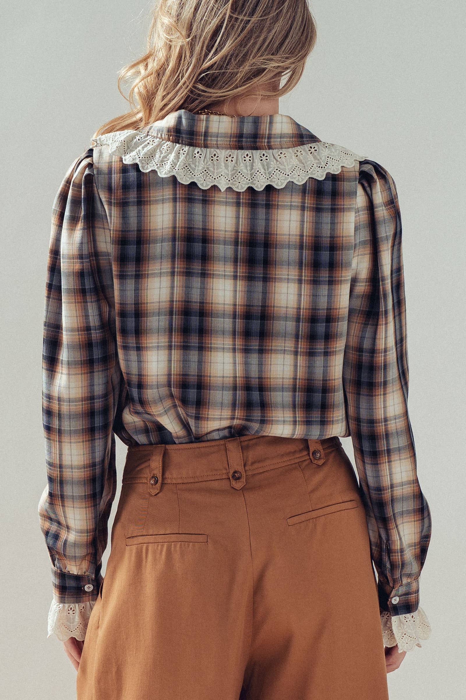 Tencel Plaid Blouse With Eyelet Lace Collar