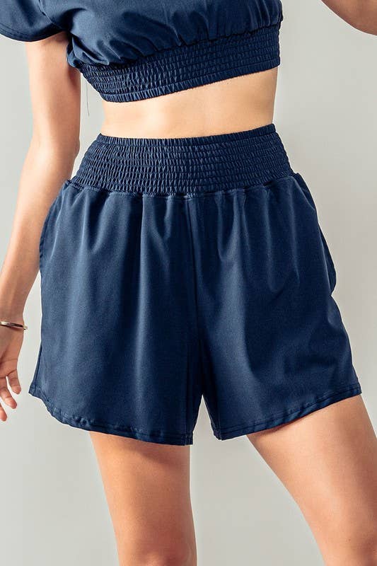 Urban Daizy Smocked High Waist Relaxed Fit Summer Shorts Navy Shorts - Women's (UDZ-PT-00266)