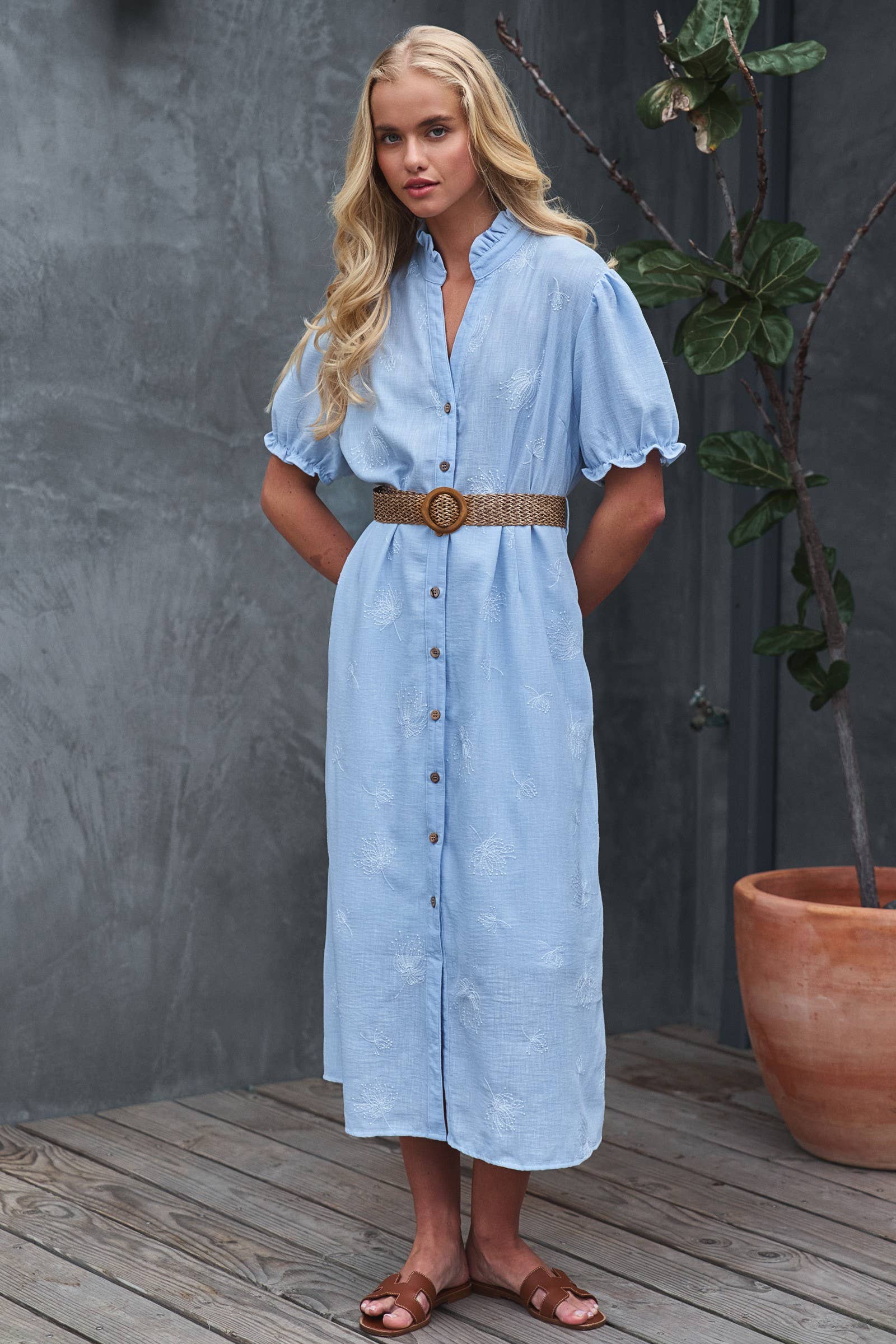 Embroidered Linen Blend Button Front Midi Dress