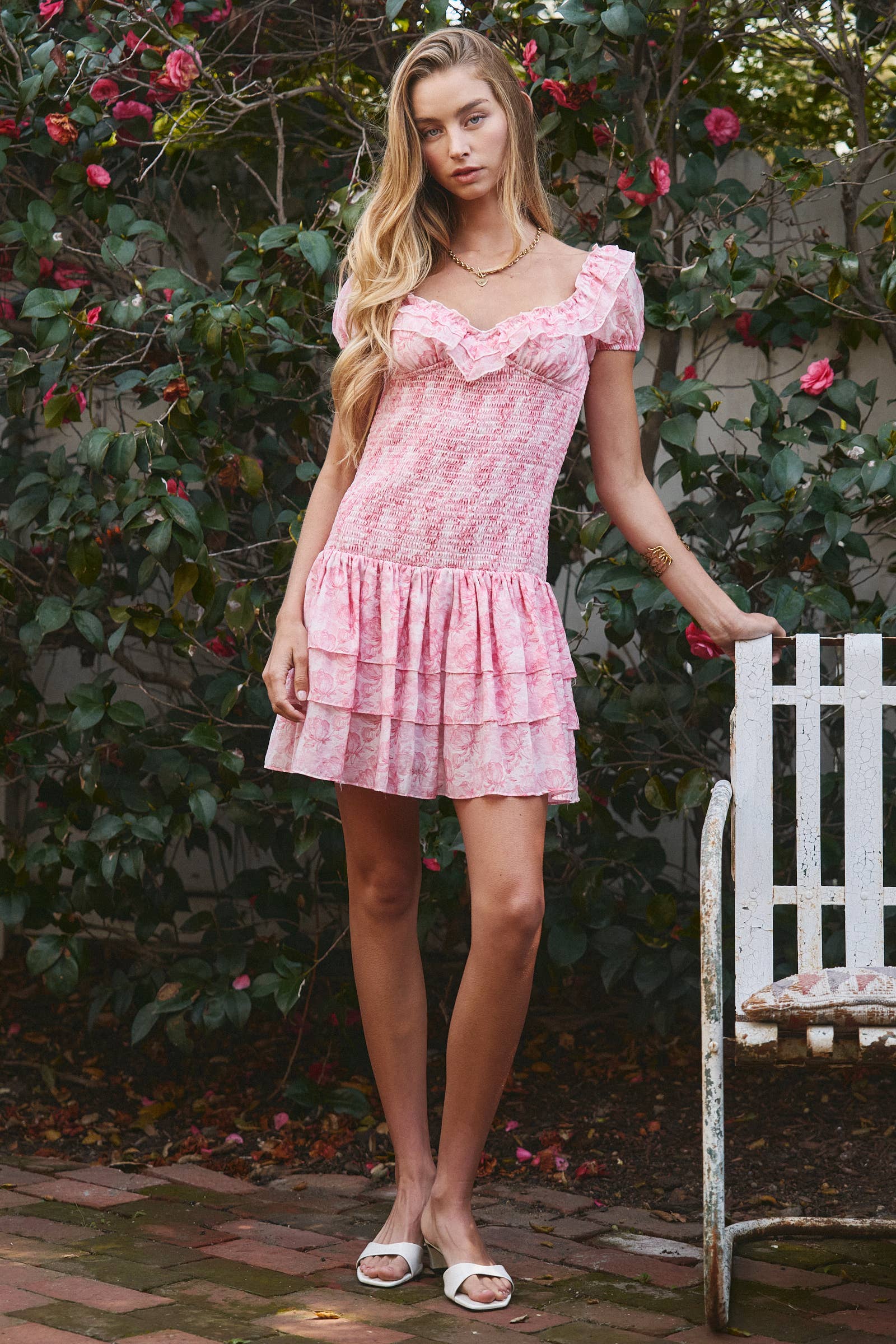 Pink Floral Smocked Ruffle Tiered Mini Dress