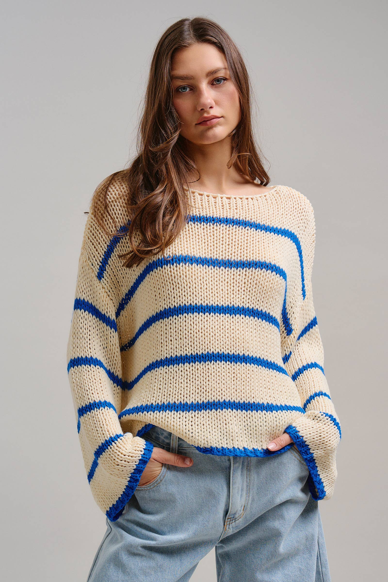 Nautical Striped Open Knit Slouchy Sweater