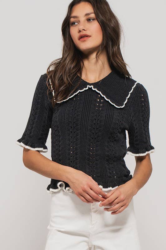 Urban Daizy Crochet Knit Ruffled Top Black Knit Top - Women's (UDZ-TP-00721) – alternate view 16