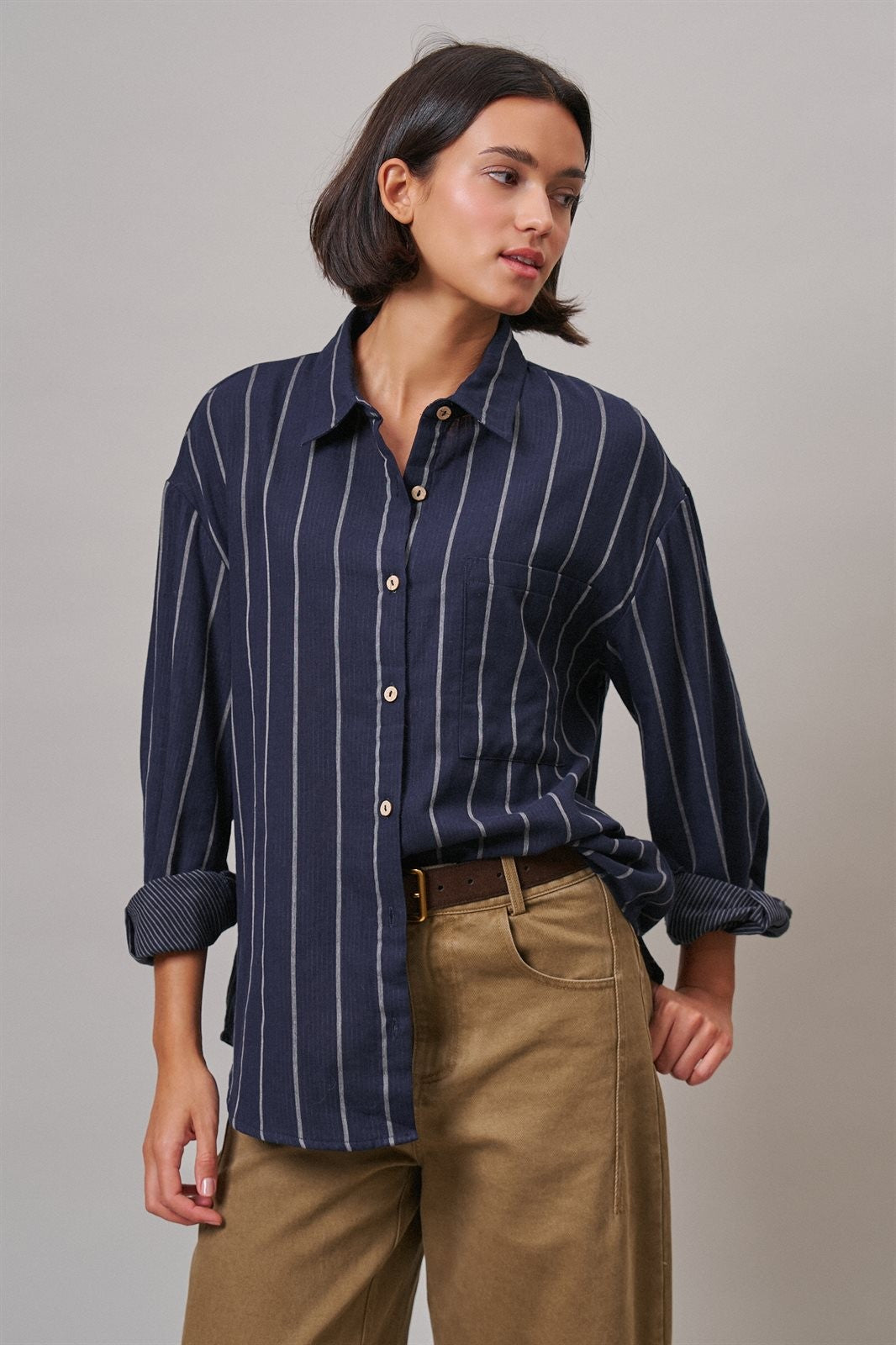 Oversized Striped Cotton Button-Down Shirt in NAVY - Women's Shirts & Blouses | Urban Daizy