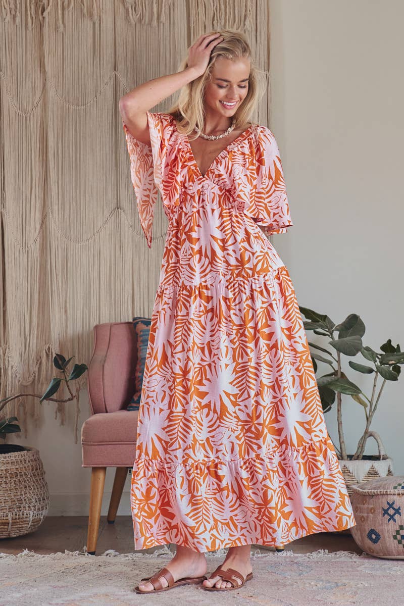 Tropical Leaf Print Maxi Dress
