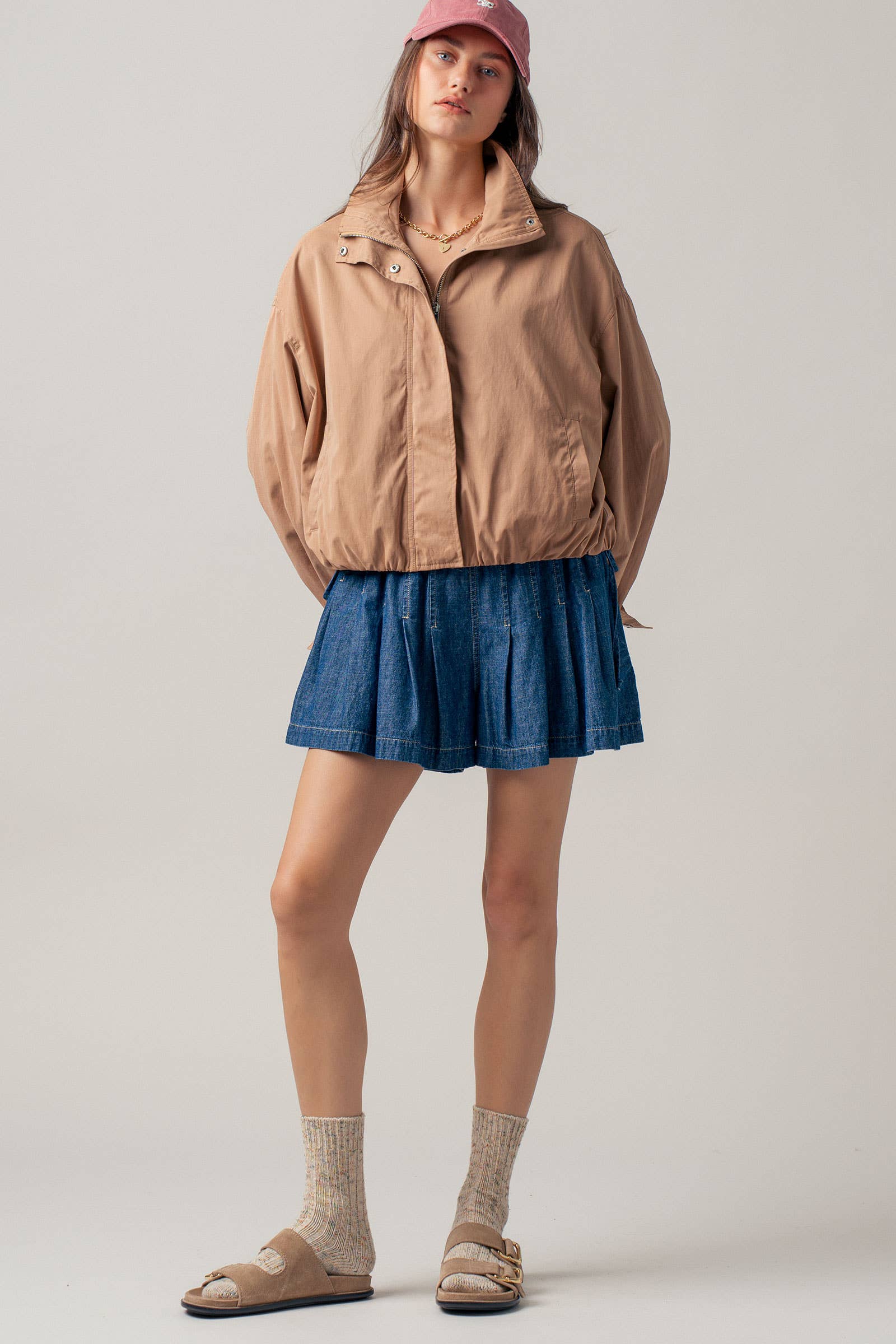 Modern Relaxed Stand Collar Camel Zip Jacket