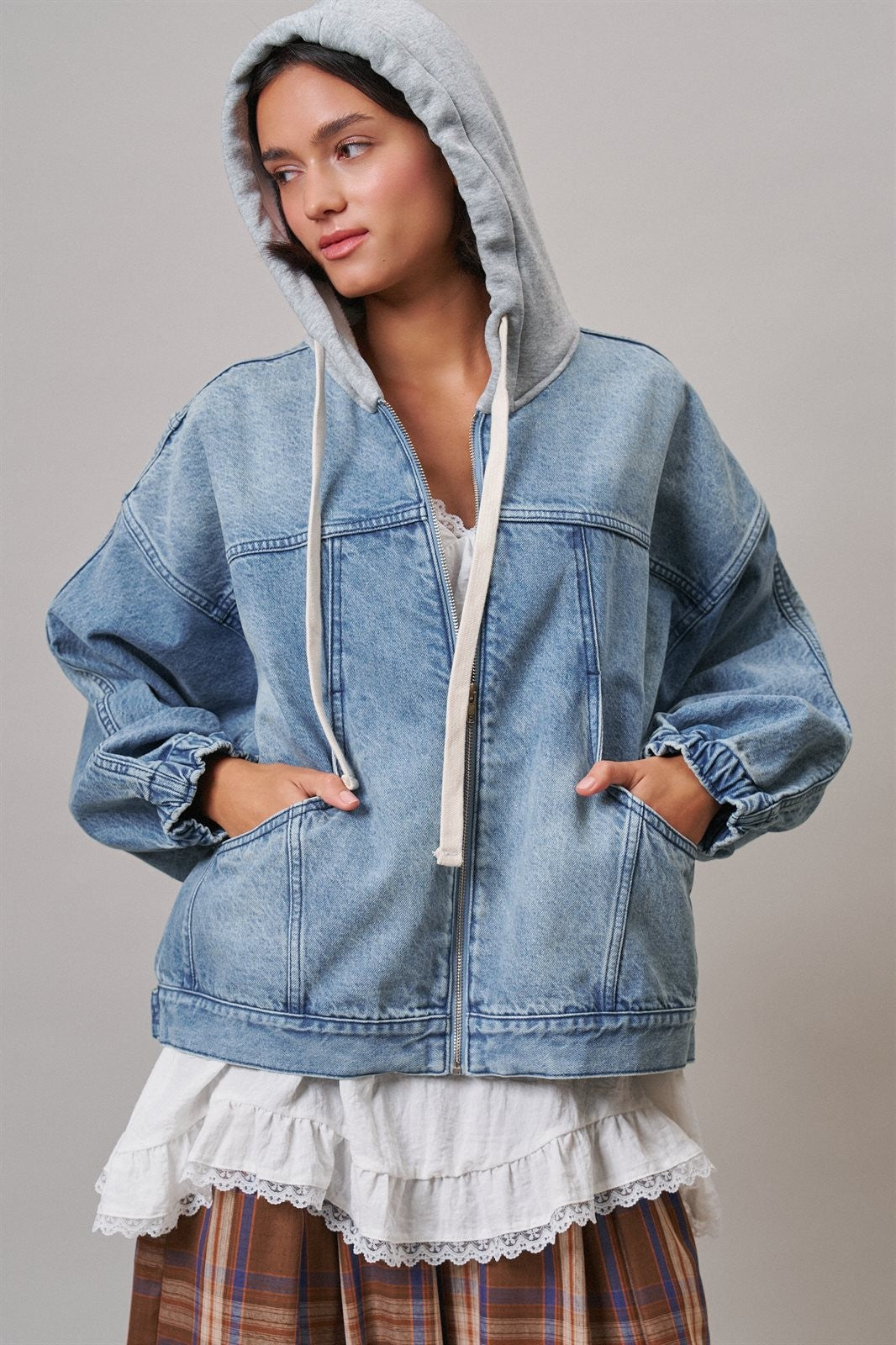 Hooded Denim Zip Up Jacket with French Terry Hood in DENIM - Women's Jackets & Blazers | Urban Daizy