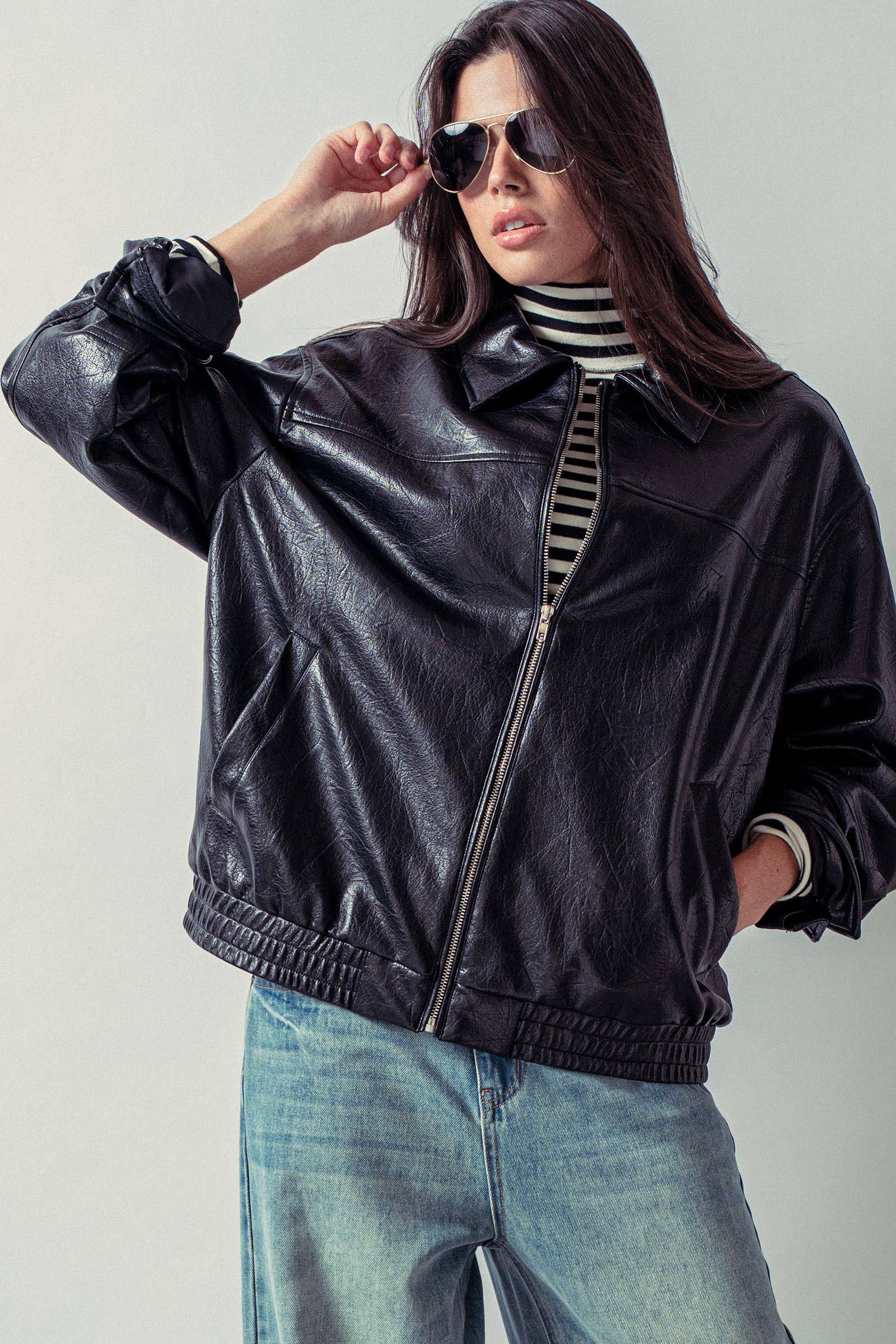 Relaxed Faux Leather Zip-Up Statement Jacket