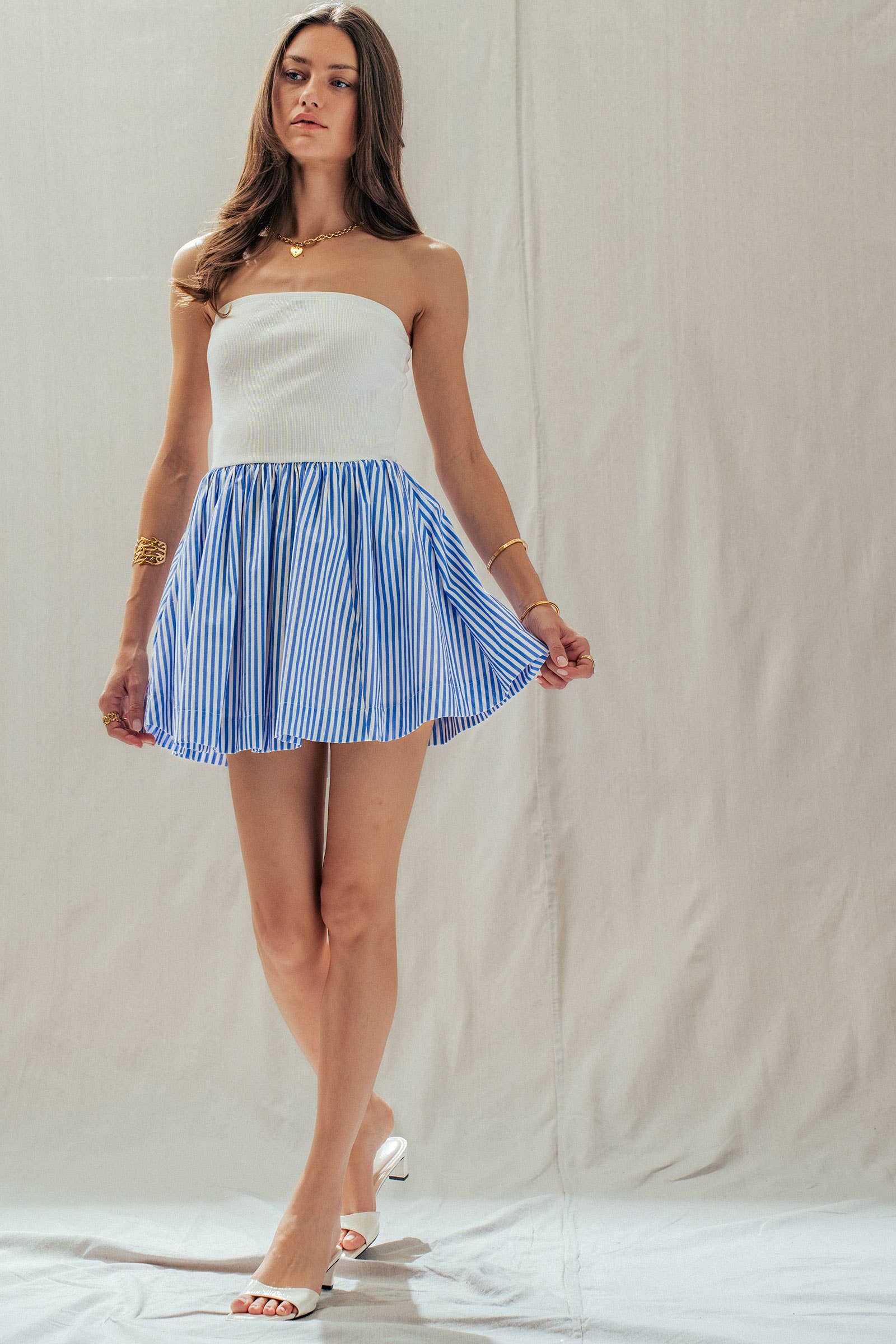 Urban Daizy Mixed Media Strapless Knit & Poplin Mini Dress Ivory-Blue Dress - Women's (UDDR0336-Ivory-Blue) – alternate view 18