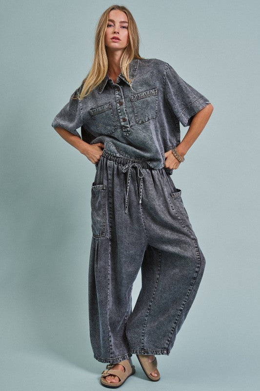 Washed Utility Half-Placket Cropped Shirt in BLACK - Women's Shirts & Blouses | Urban Daizy