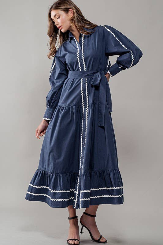 Urban Daizy Scalloped Tiered Cotton Button Down Belted Midi Dress Navy Dress - Women's (UDZ-DR-00311) – alternate view 5