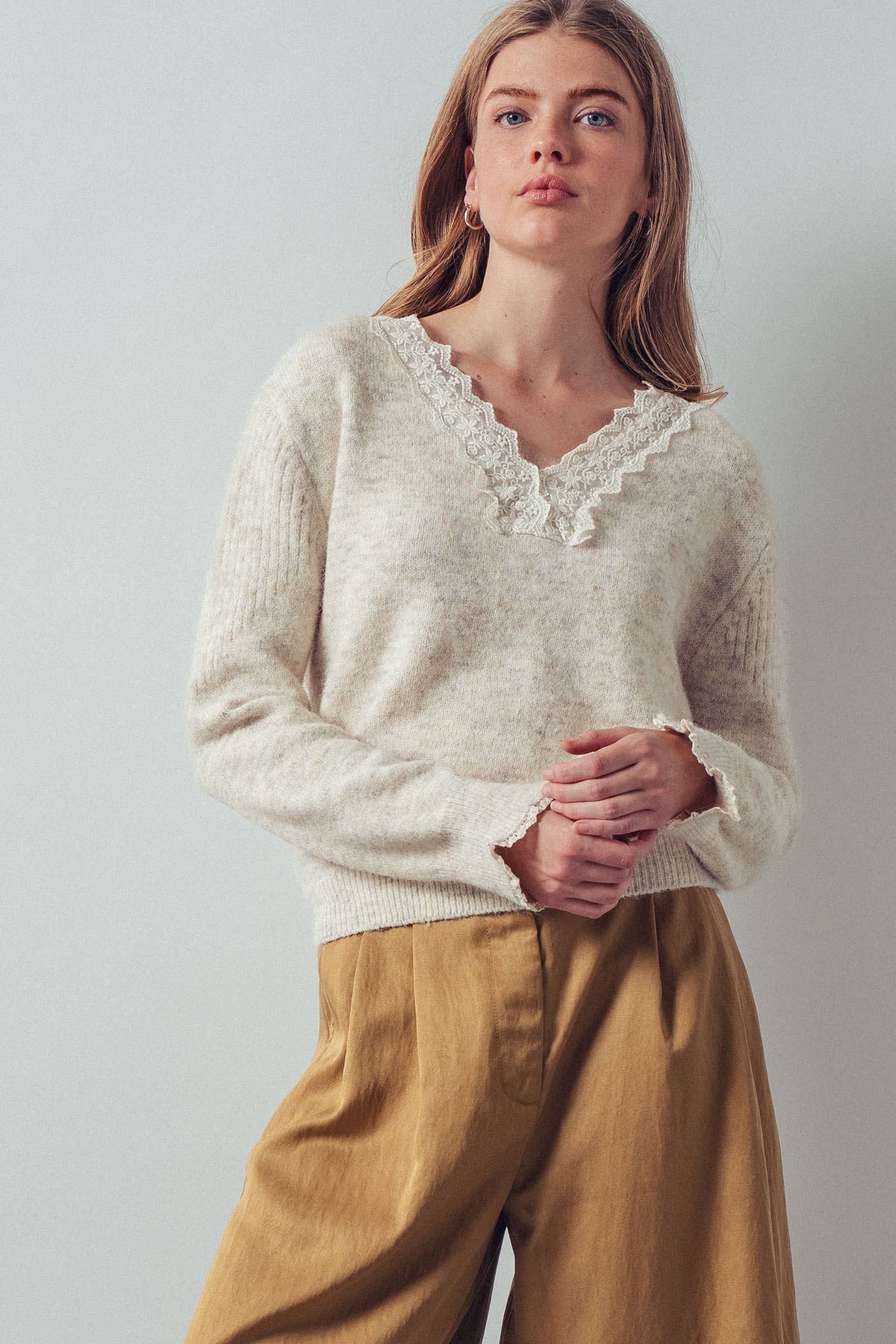 Lace Trim V-Neck Heathered Knit Sweater