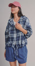Plaid Flannel Hooded Shirt Jacket with Drawstring Hem in NAVY - Women's Shirts & Blouses | Urban Daizy
