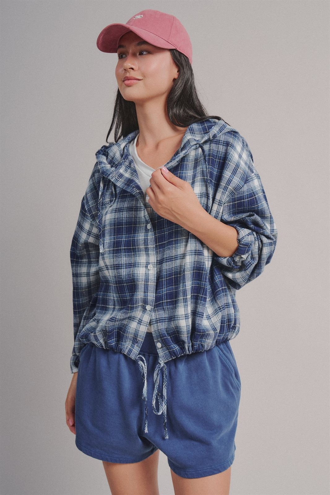 Plaid Flannel Hooded Shirt Jacket with Drawstring Hem in NAVY - Women's Shirts & Blouses | Urban Daizy